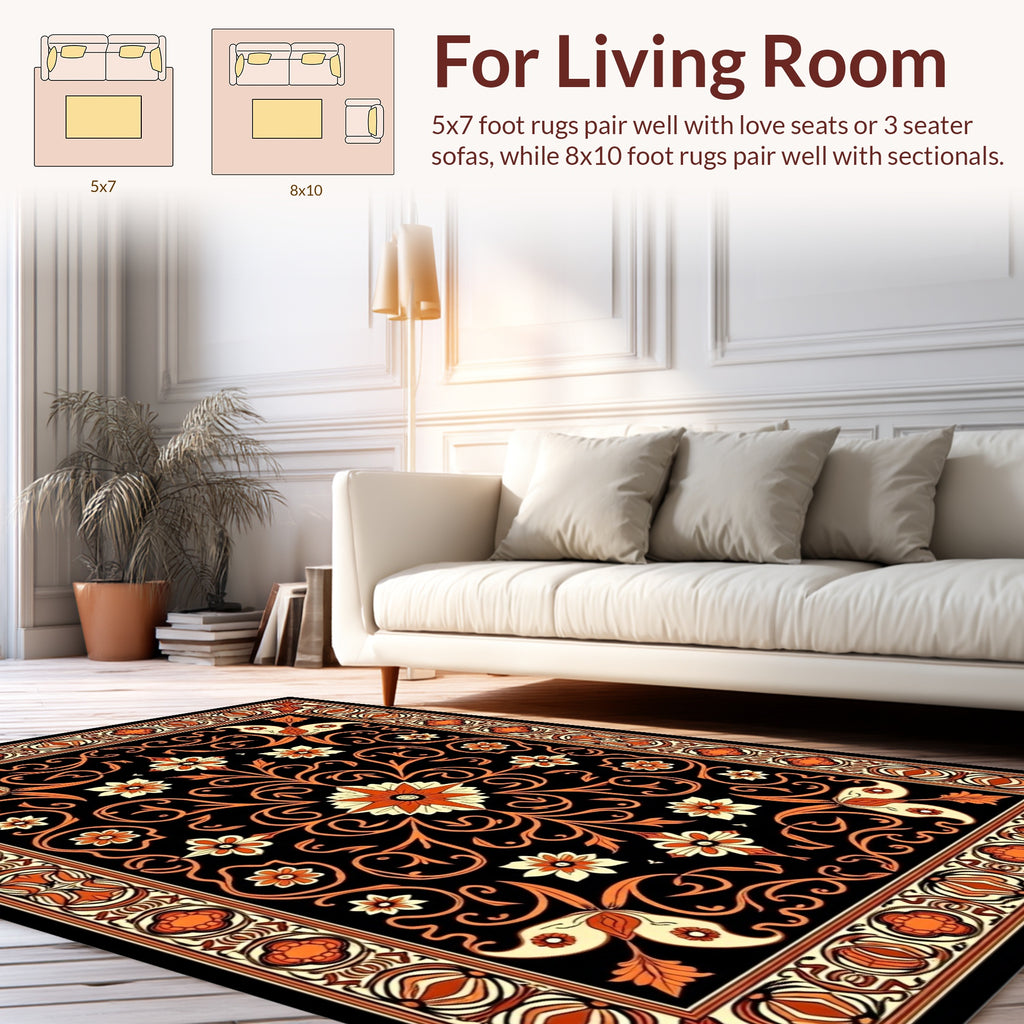 Black Orange Floral Scroll Border Rug