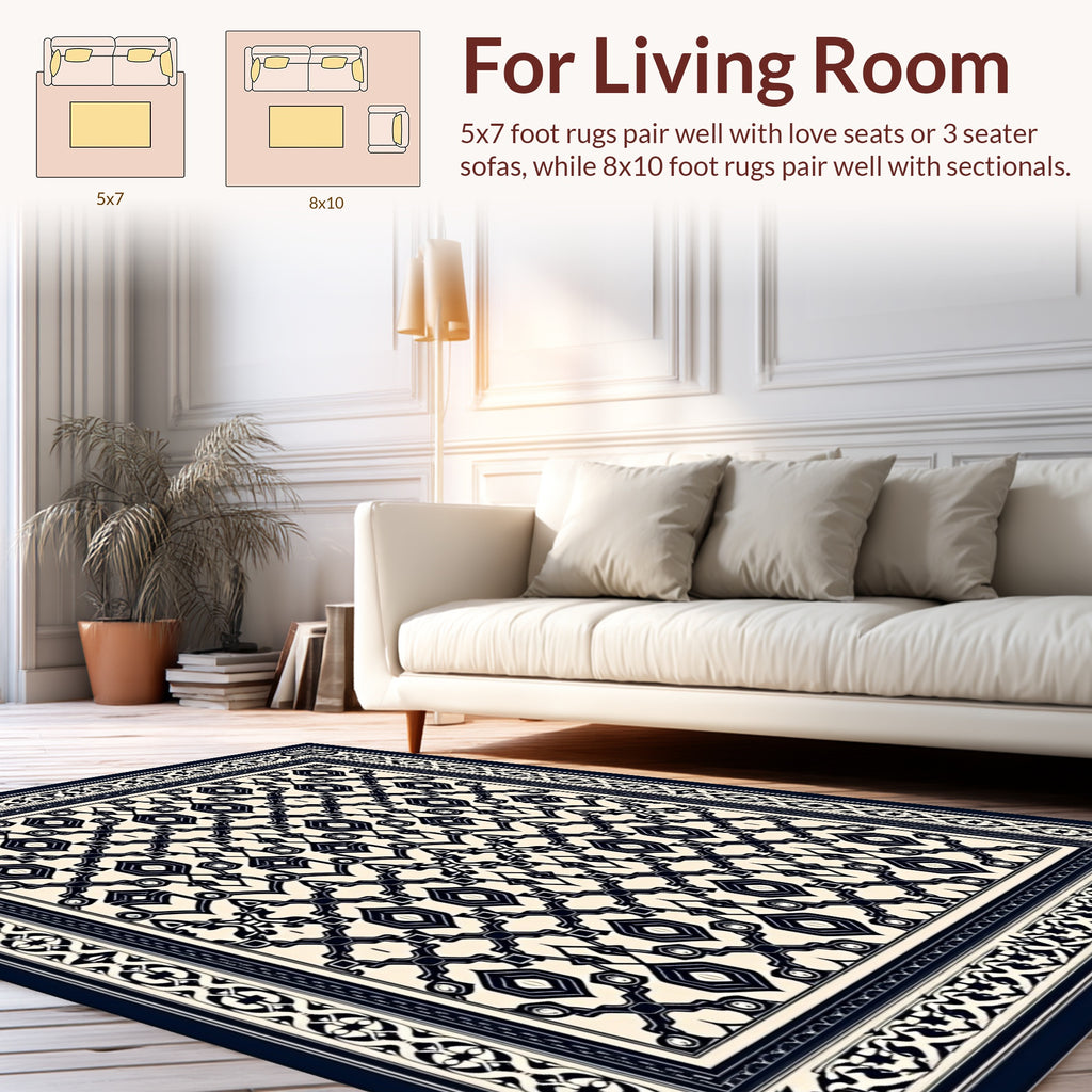 Elegant Cream Dark Blue Geometric Pattern Rug
