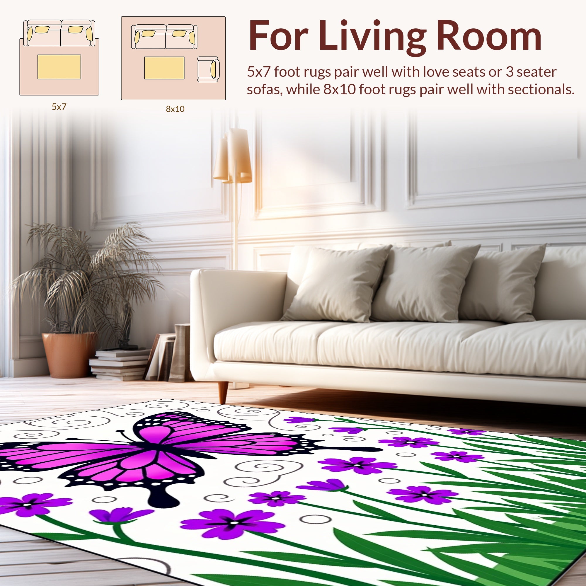 Vibrant Butterfly With Purple Flowers Rug