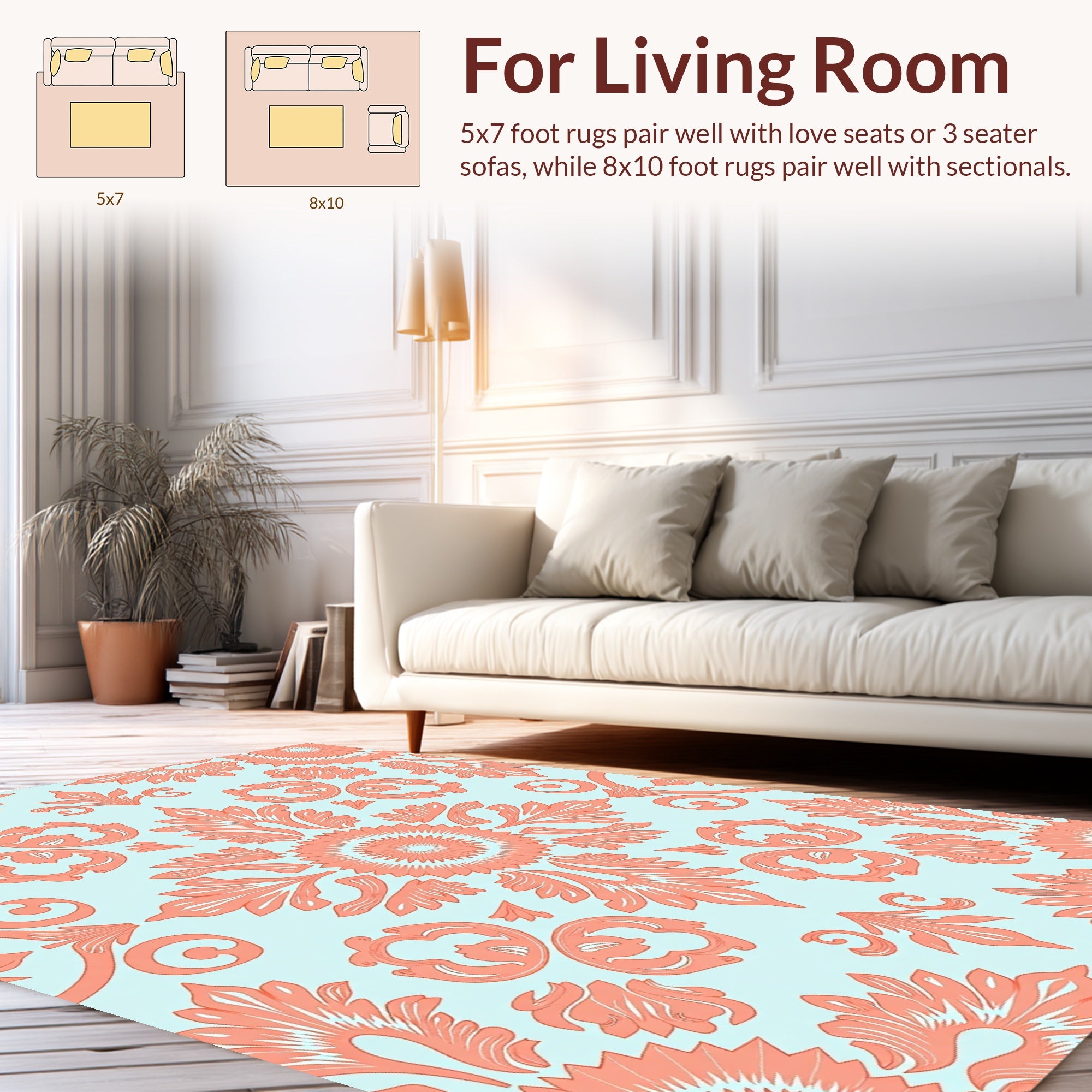 Coral Aqua Floral Damask Design Rug