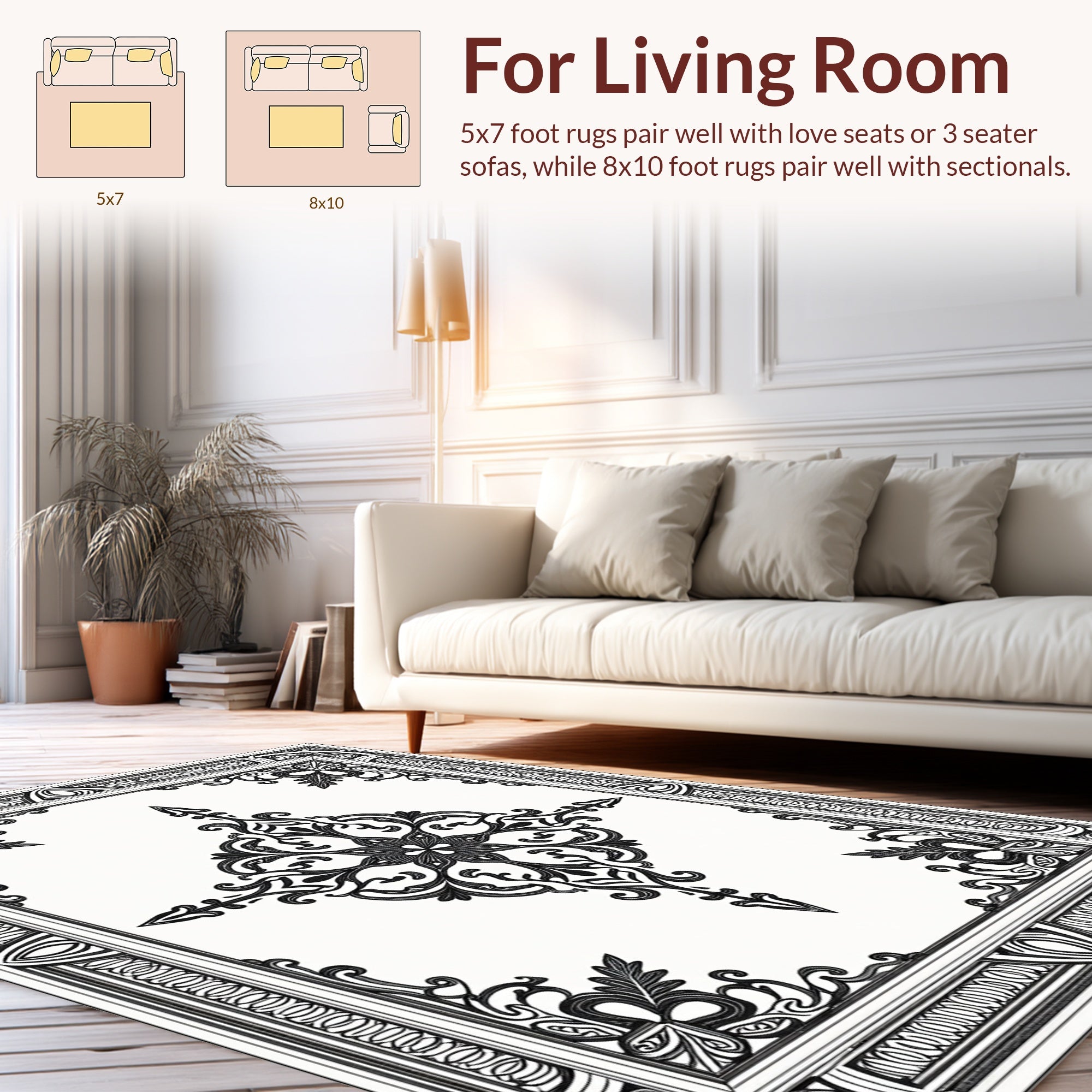 Intricate Black Floral Border Design Rug