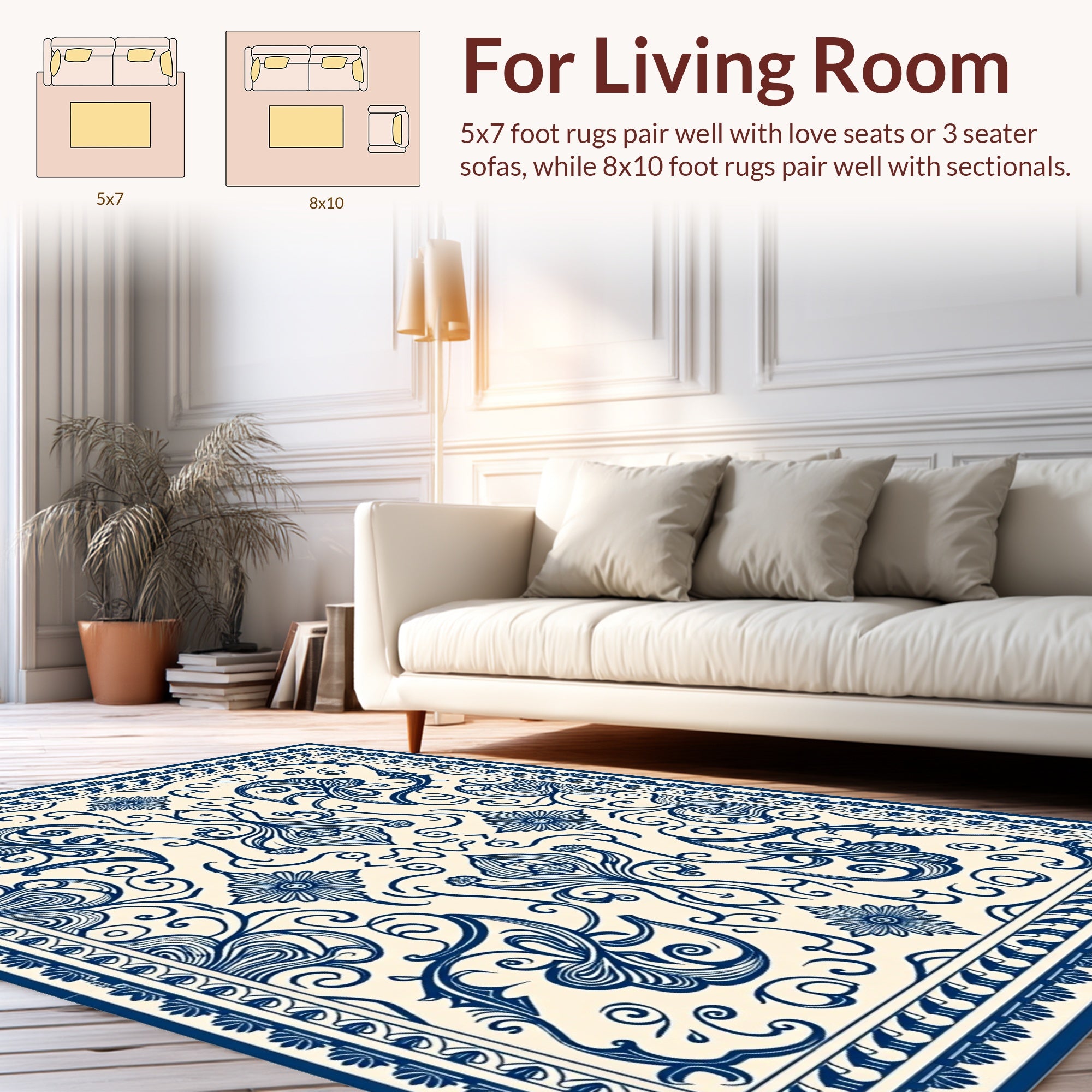 Ornate Floral Blue Cream Pattern Rug