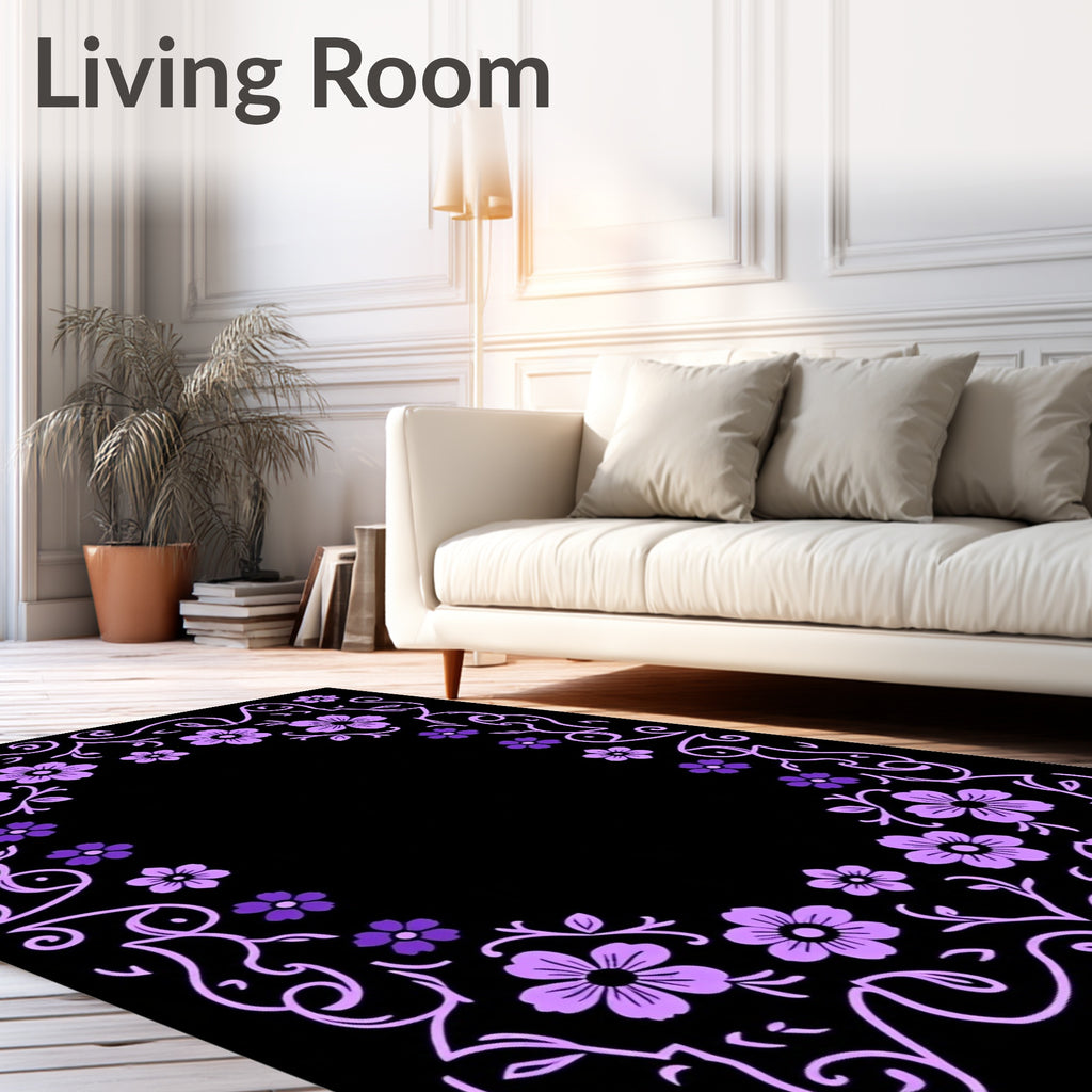 Lavender Floral Frame Black Rug