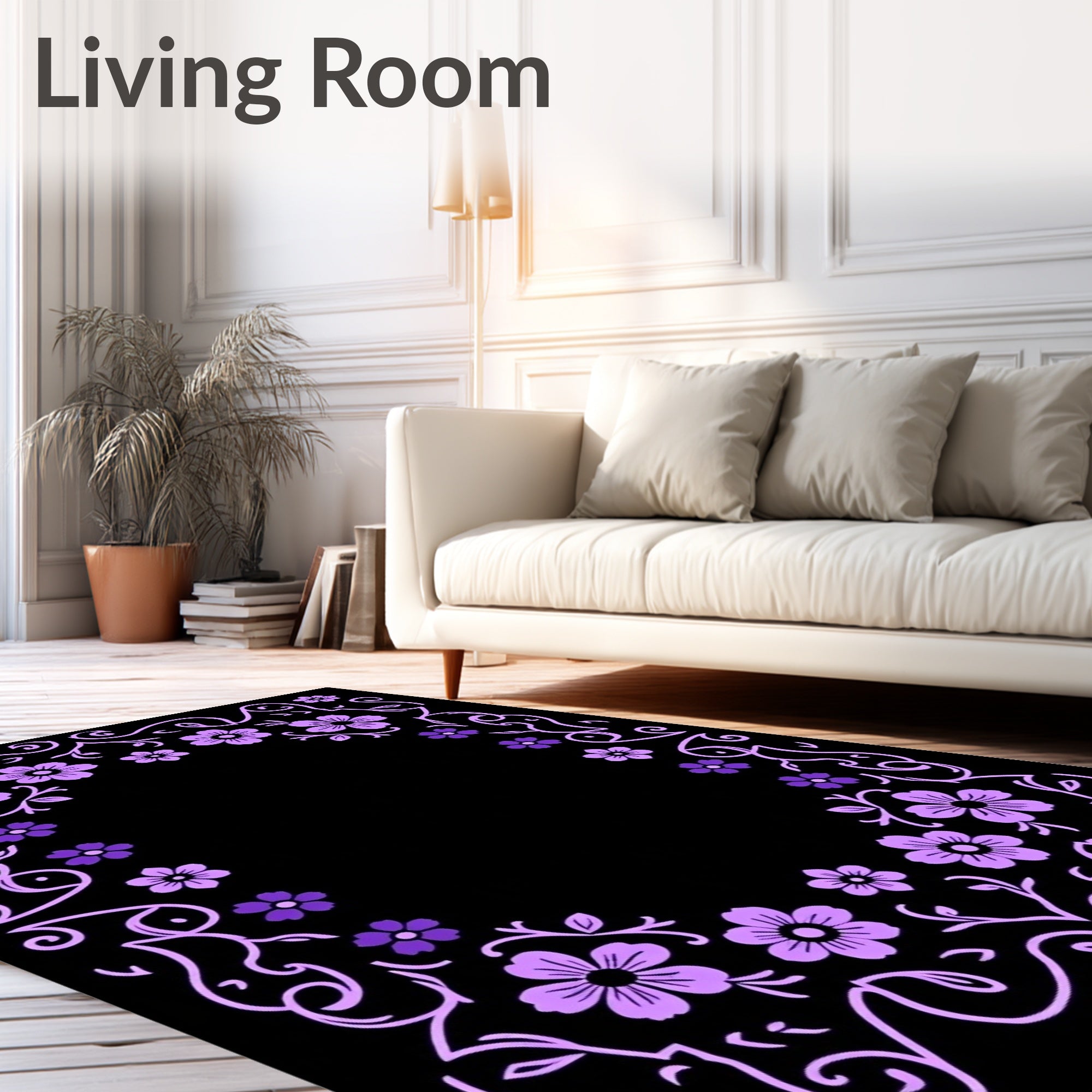 Lavender Floral Frame Black Rug