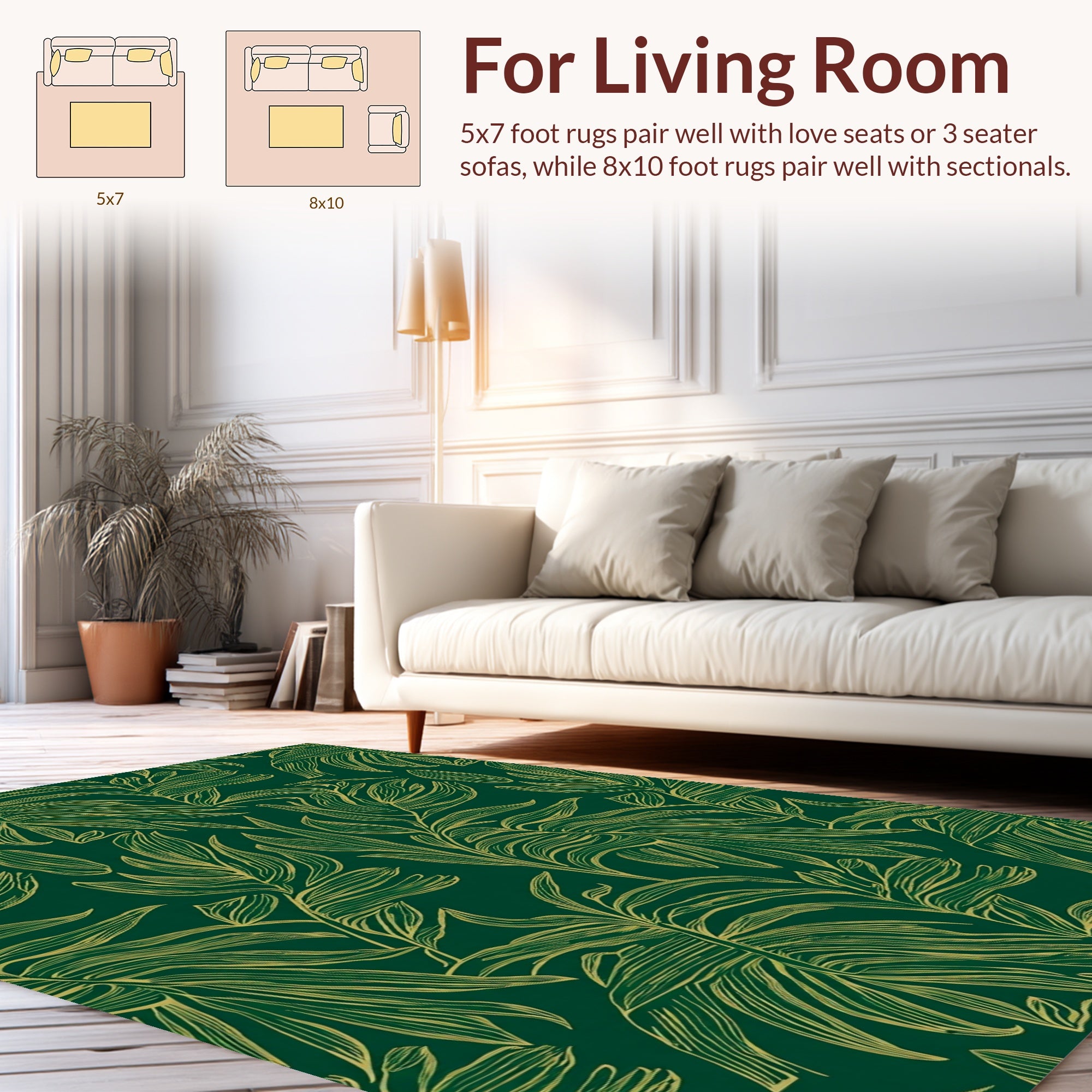Elegant Green Gold Leaf Pattern Rug