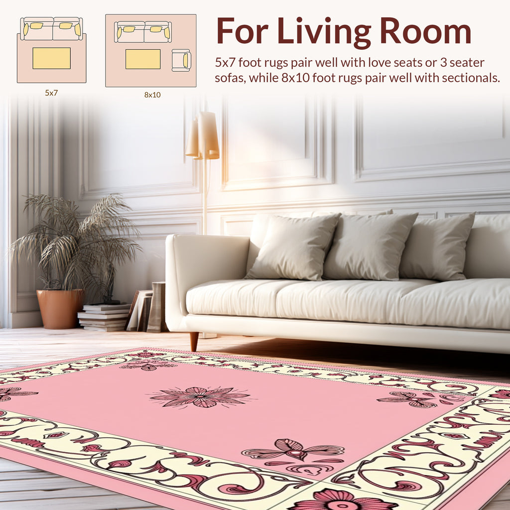 Pink Ivory Floral Scrollwork Pattern Rug