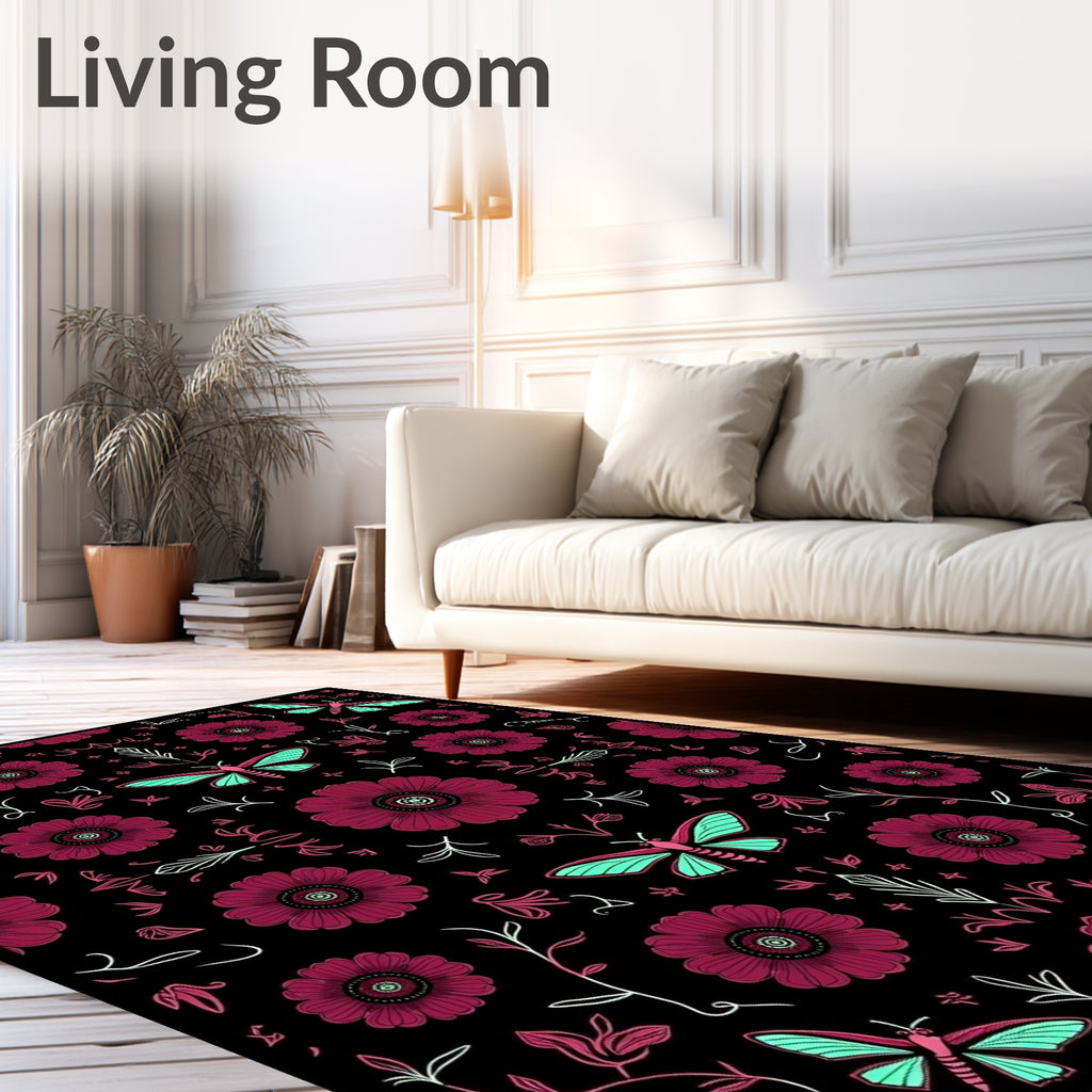 Crimson Flower Turquoise Butterfly Collage Rug