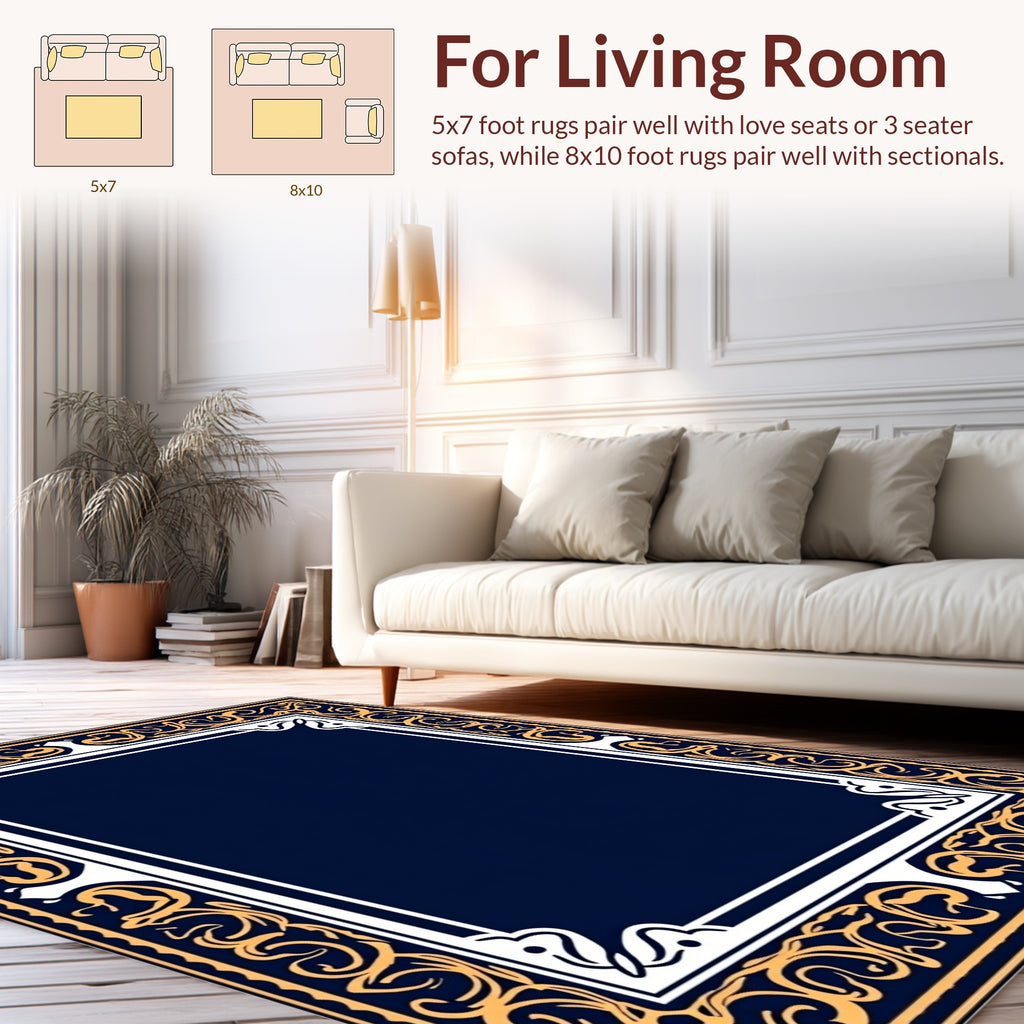 Gold Navy Ornate Scrollwork Border Design Rug