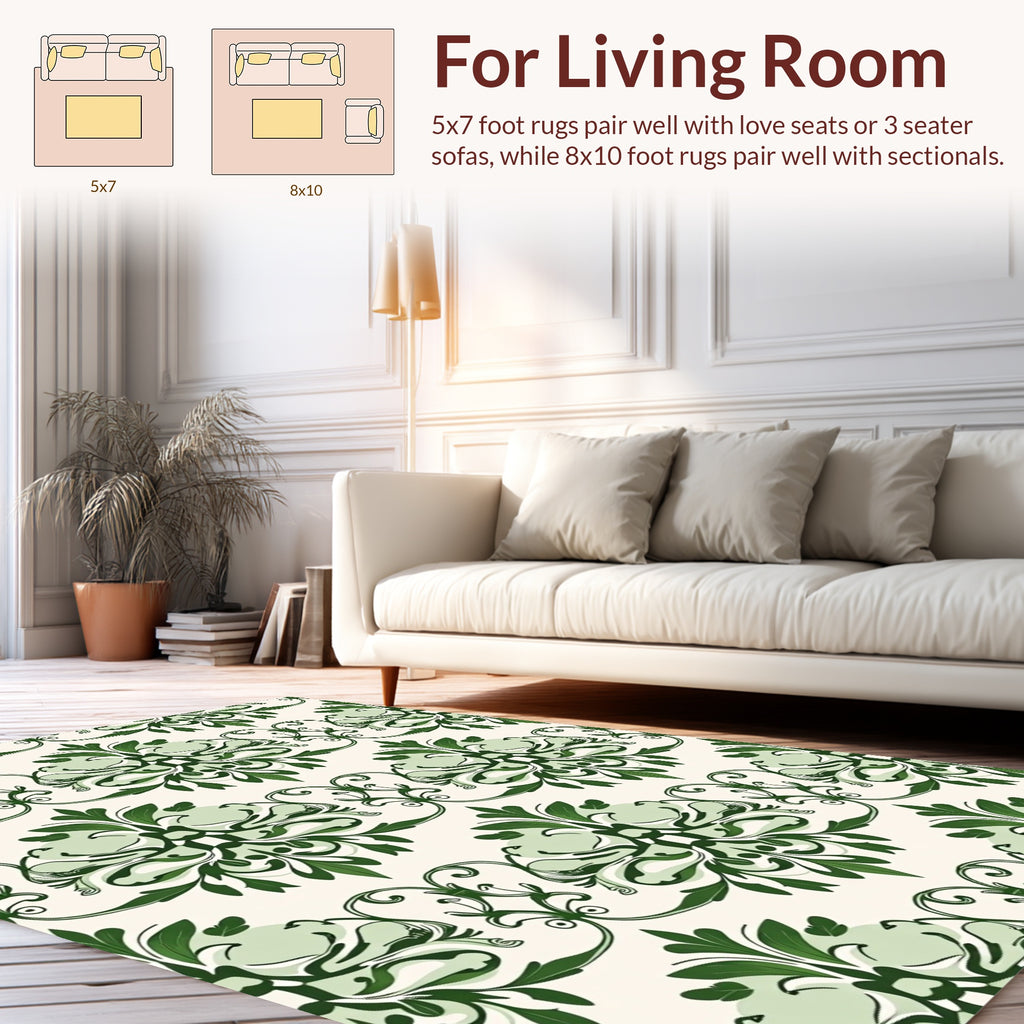 Ornate Green Floral Damask Pattern Rug