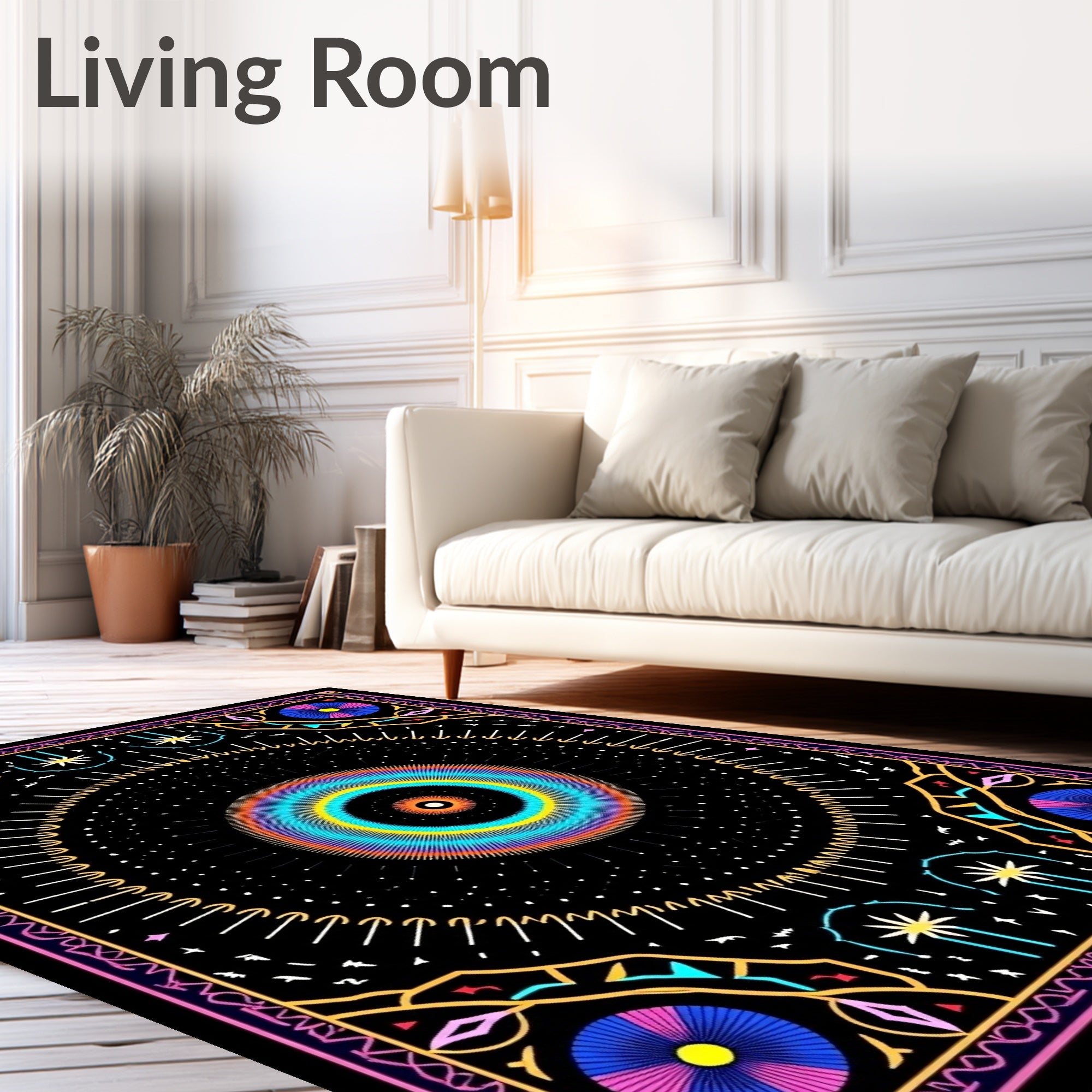 Vibrant Cosmic Sunburst Mandala Design Rug