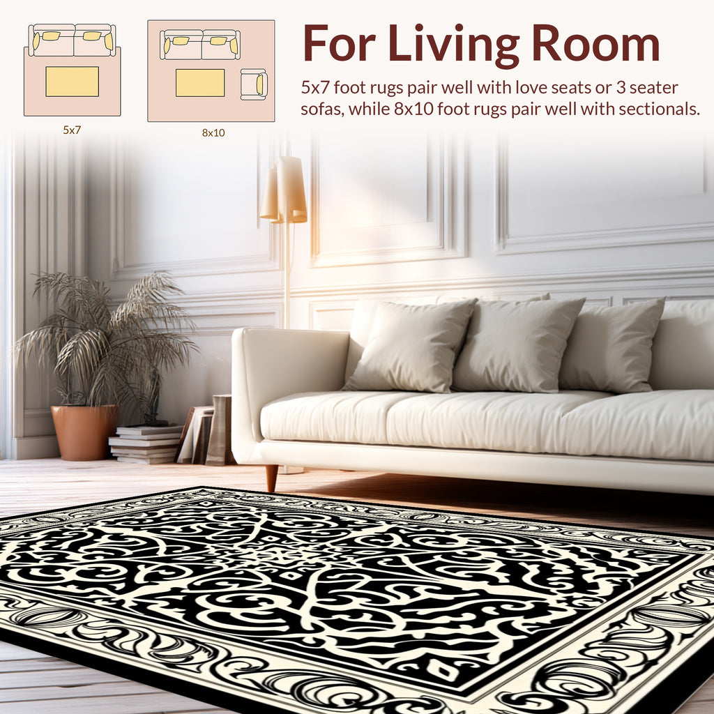 Intricate Black Ivory Damask Pattern Rug