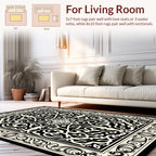 Intricate Black Ivory Damask Pattern Rug