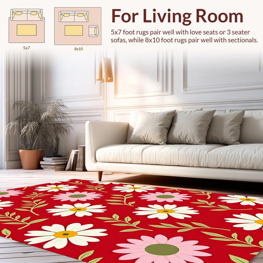 Whimsical Daisy Pattern on Red Rug