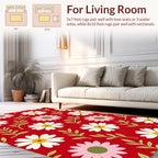 Whimsical Daisy Pattern on Red Rug
