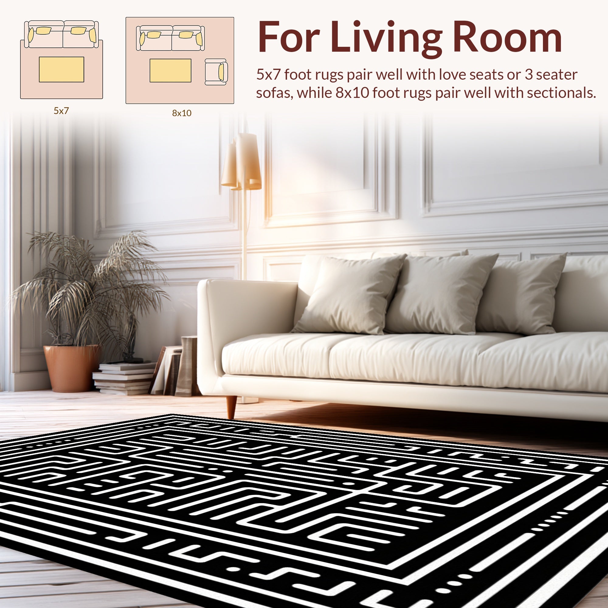Bold Black White Maze Pattern Rug