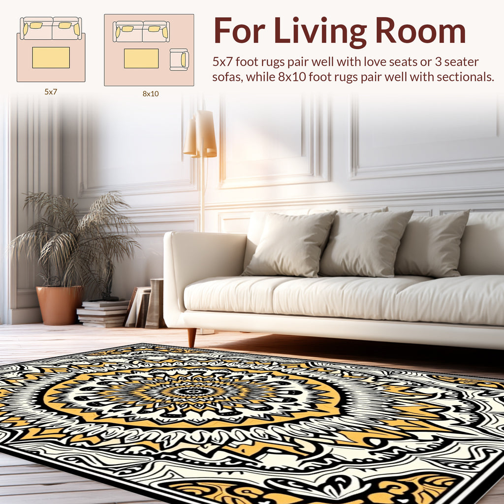 Mandala Inspired Yellow Black White Pattern Rug