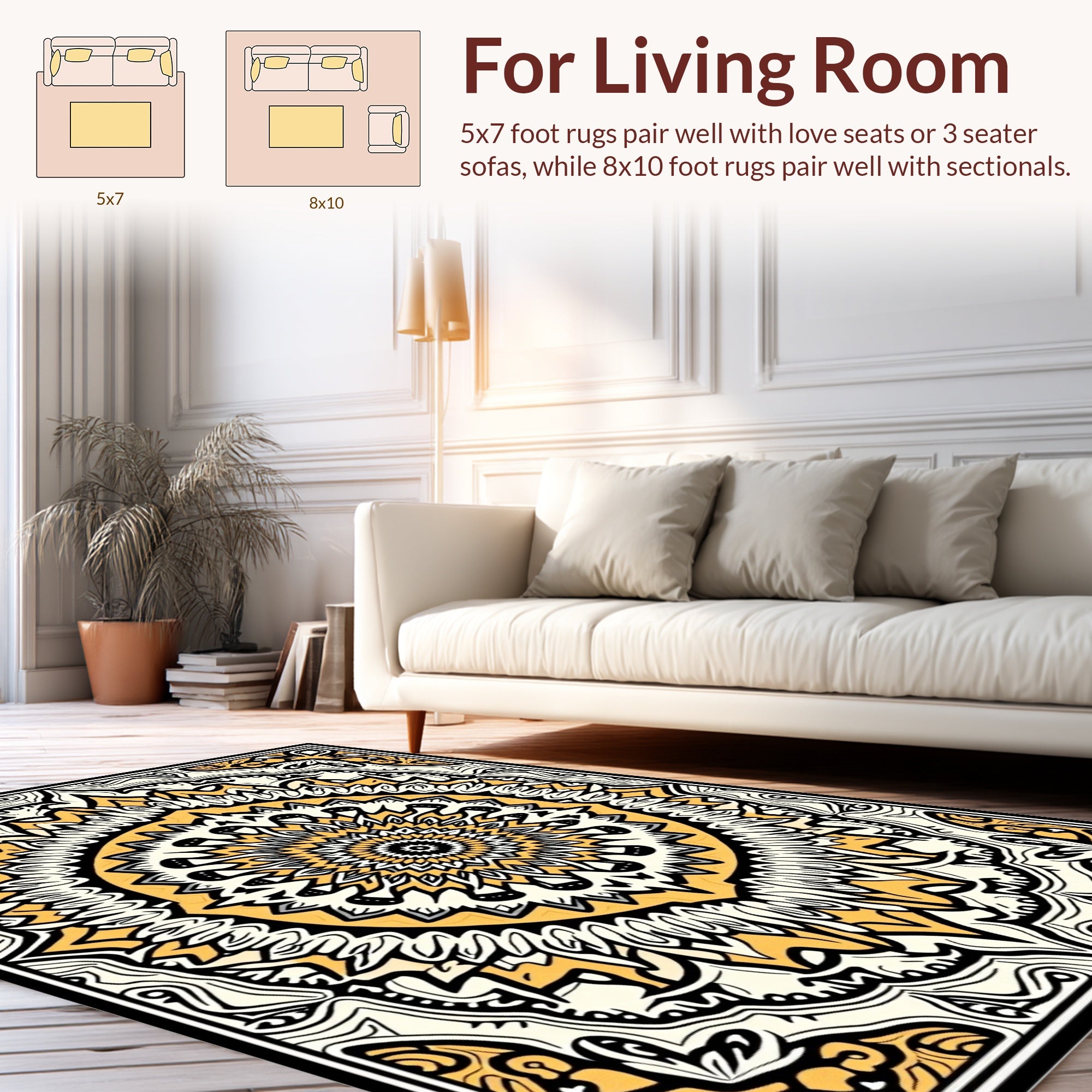 Mandala Inspired Yellow Black White Pattern Rug