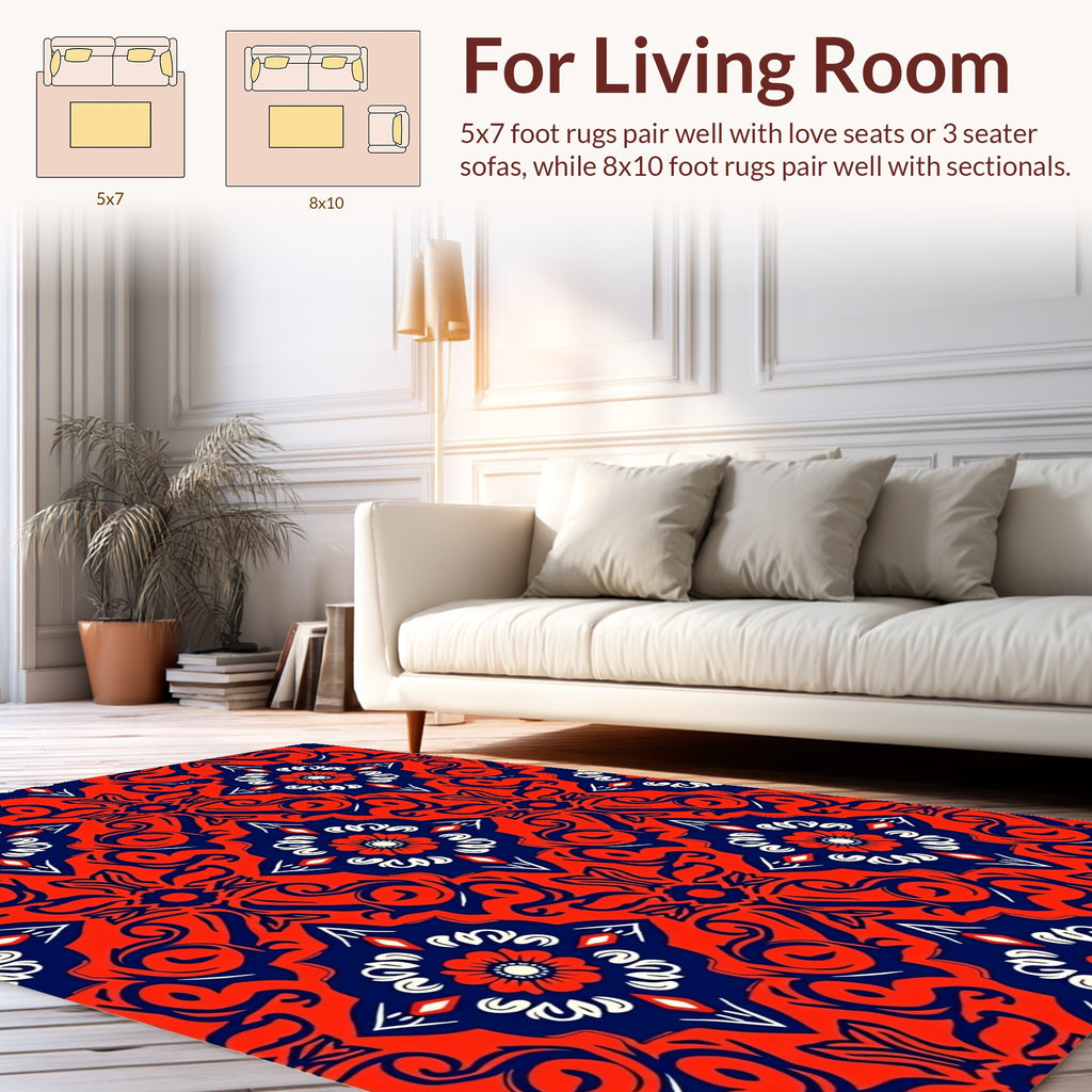 Intricate Red Blue Floral Medallion Design Rug