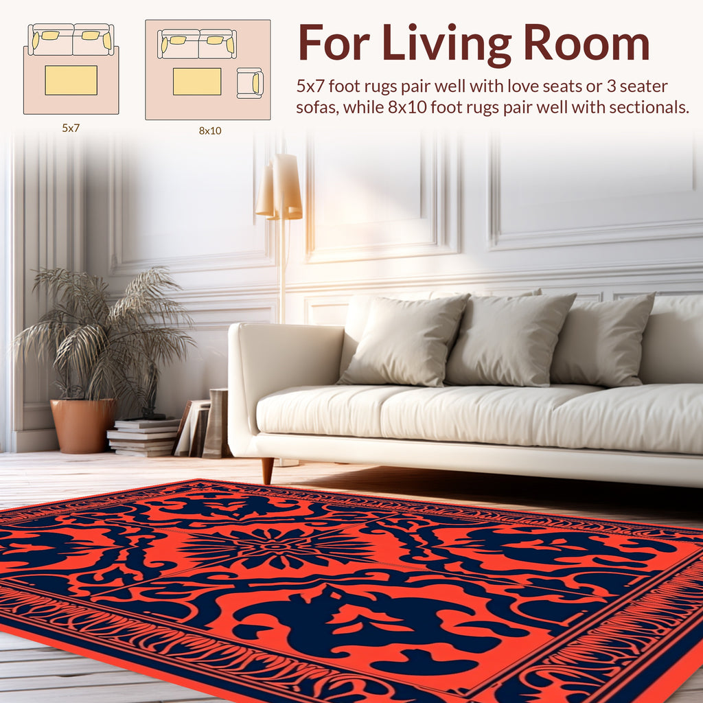 Red Navy Ornate Scroll Pattern Rug