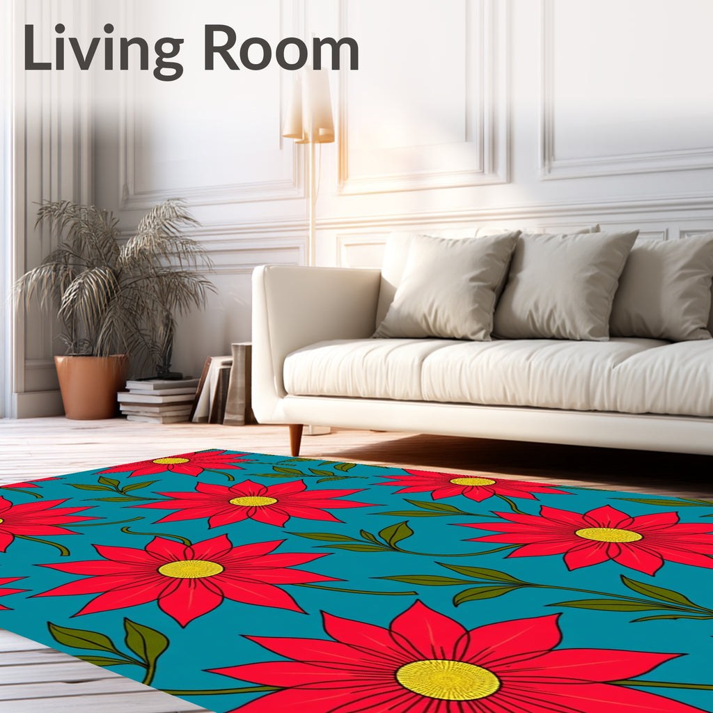 Vibrant Red Floral Teal Background Rug