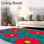 Vibrant Red Floral Teal Background Rug