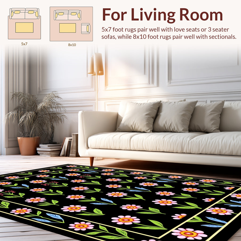 Pink Floral Pattern with Black Background Rug