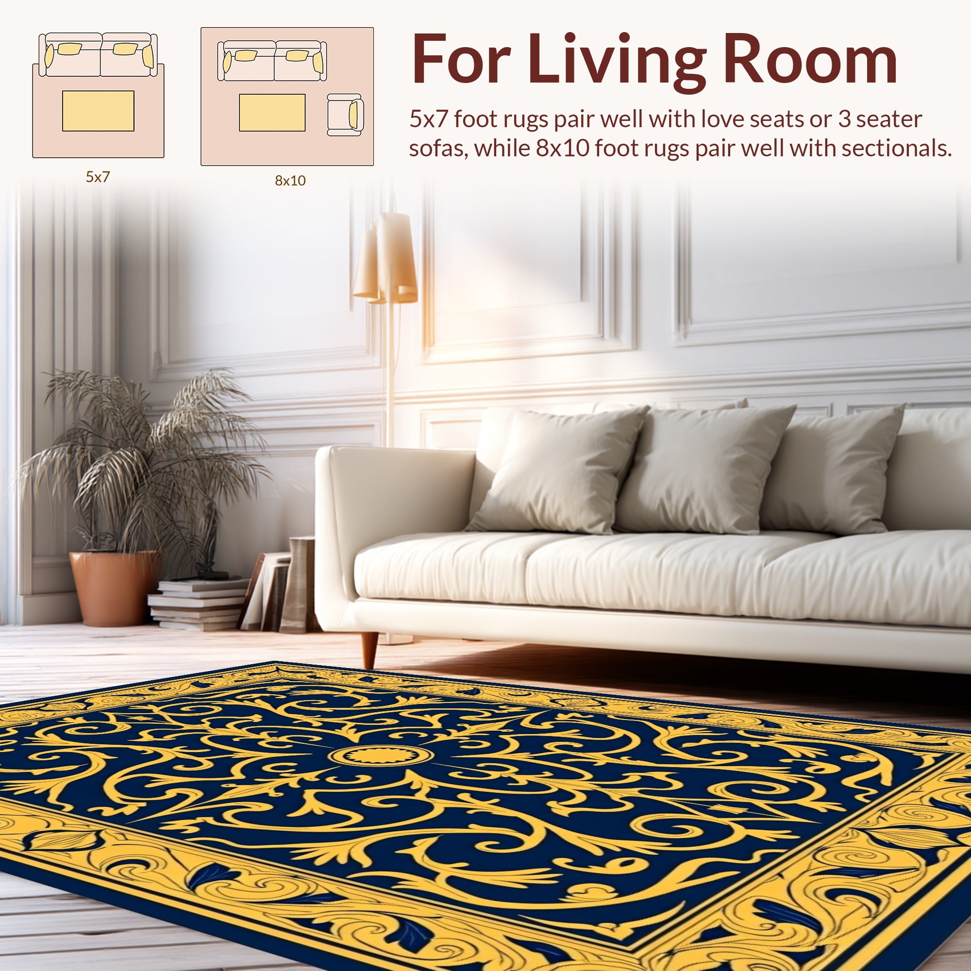 Royal Blue Gold Ornate Flourish Rug