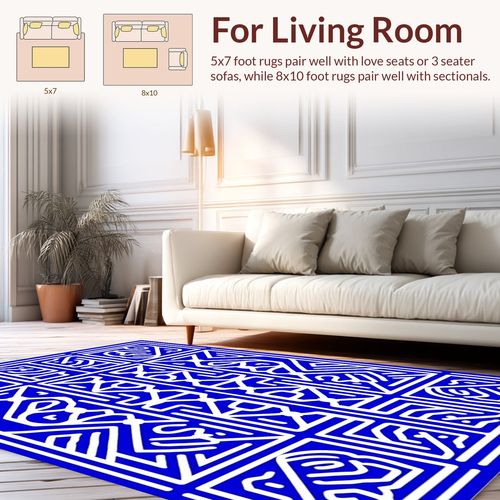 Bold Blue Abstract Graphic Pattern Rug