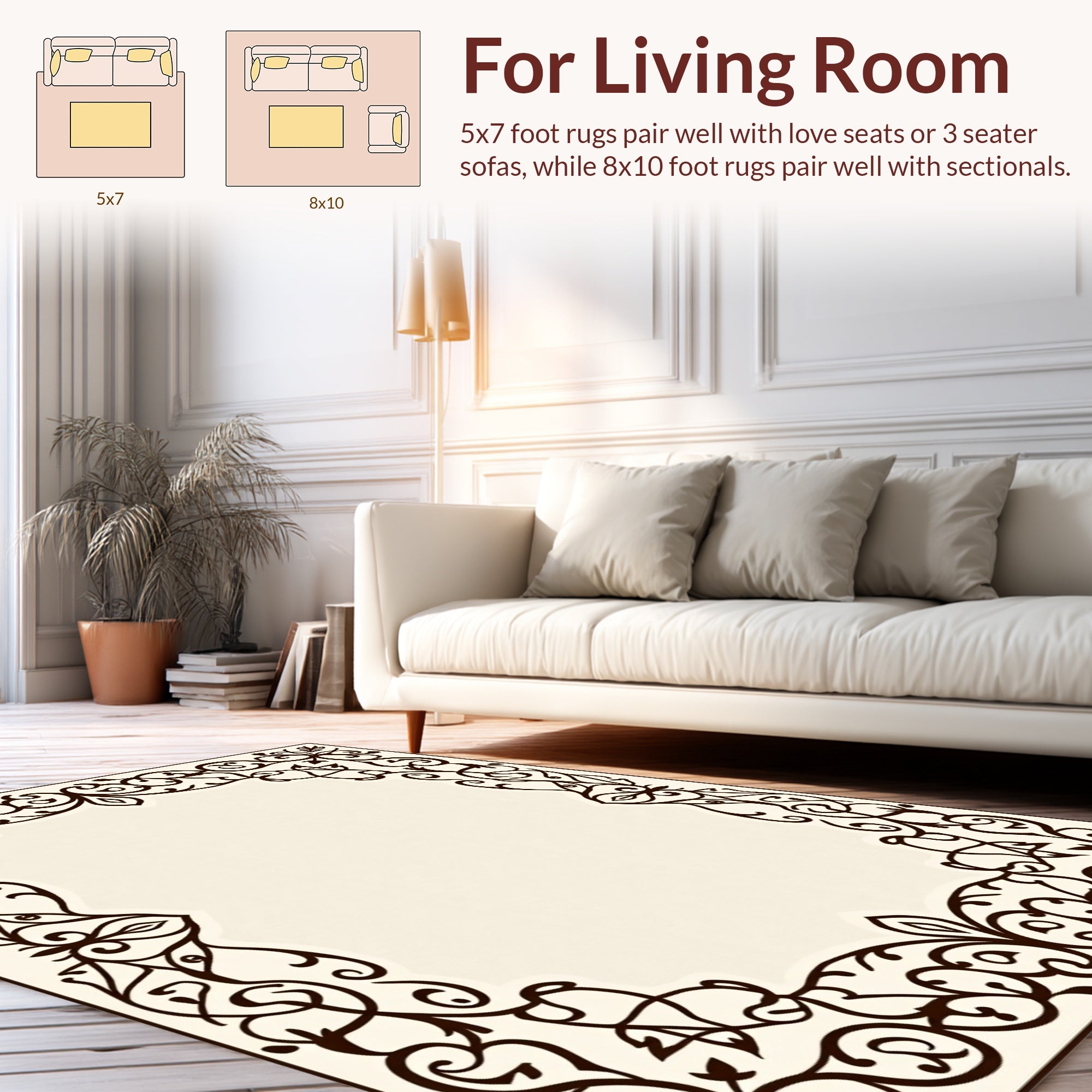Ornate Scrollwork Leaf Pattern Border Rug