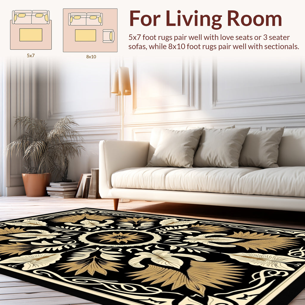 Elegant Gold Leaf Floral Motif Rug