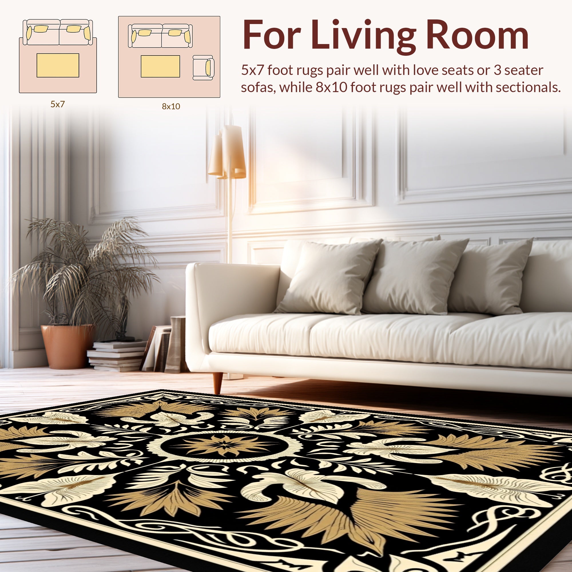 Elegant Gold Leaf Floral Motif Rug