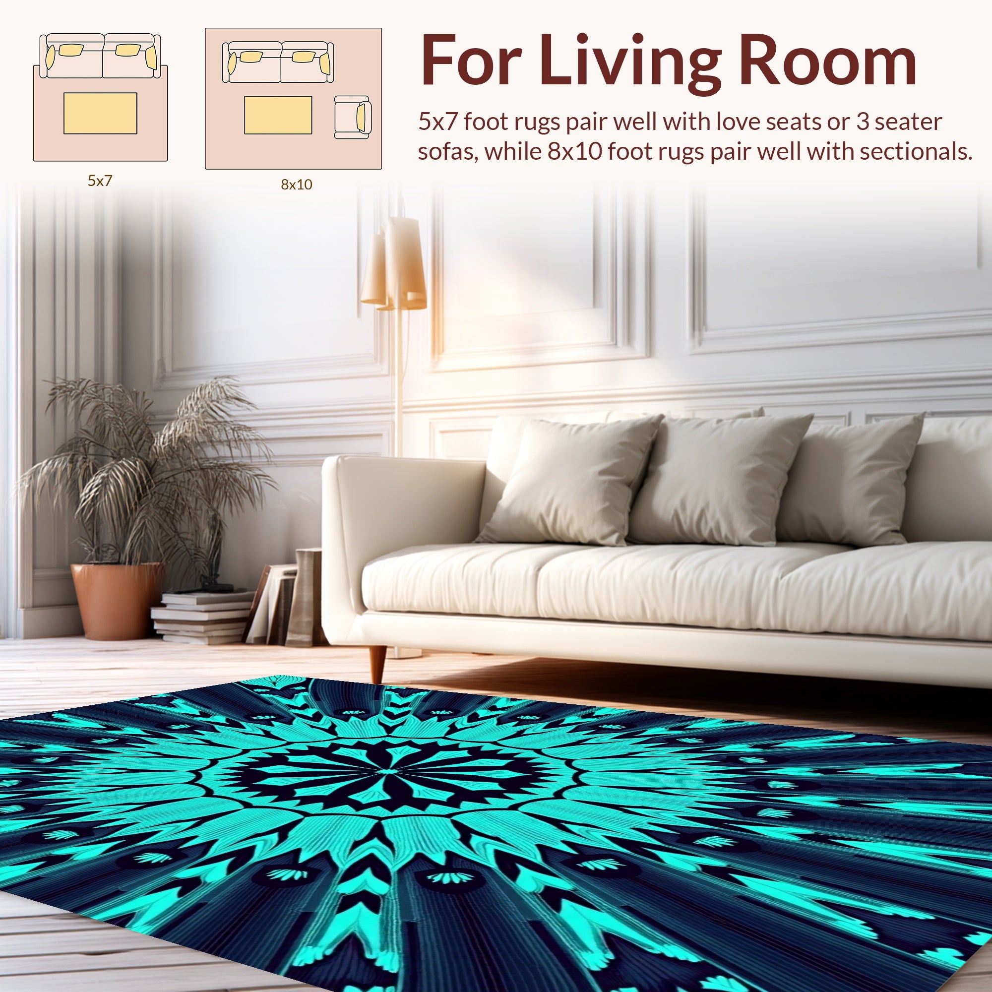 Turquoise Radiating Floral Sunburst Pattern Rug