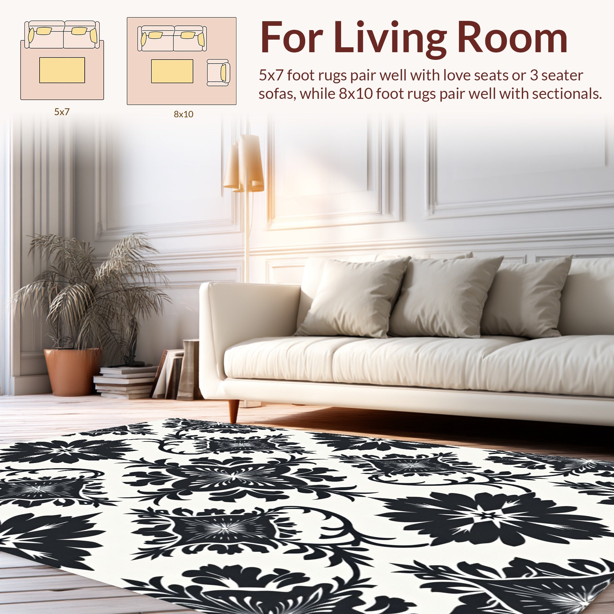 Black White Floral Damask Pattern Rug