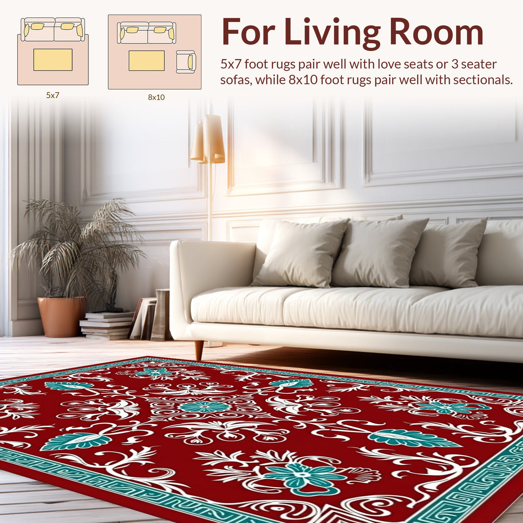Ornate Floral Red Teal Design Rug