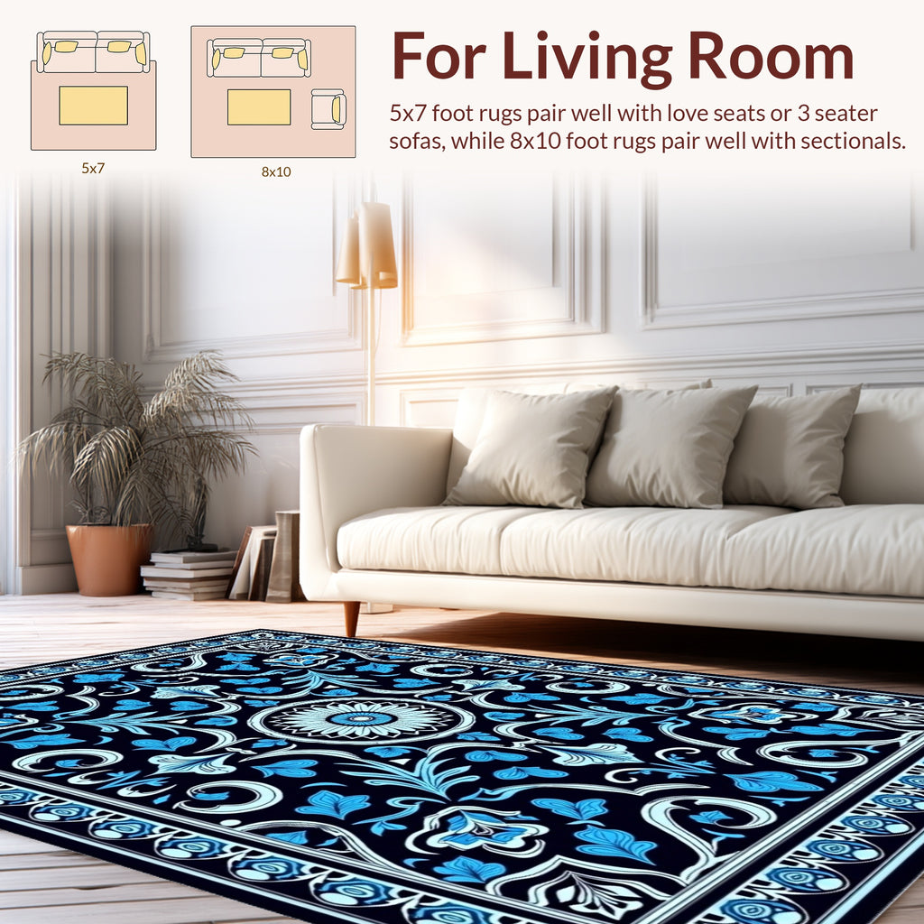 Dark Blue Floral Scroll Pattern Rug