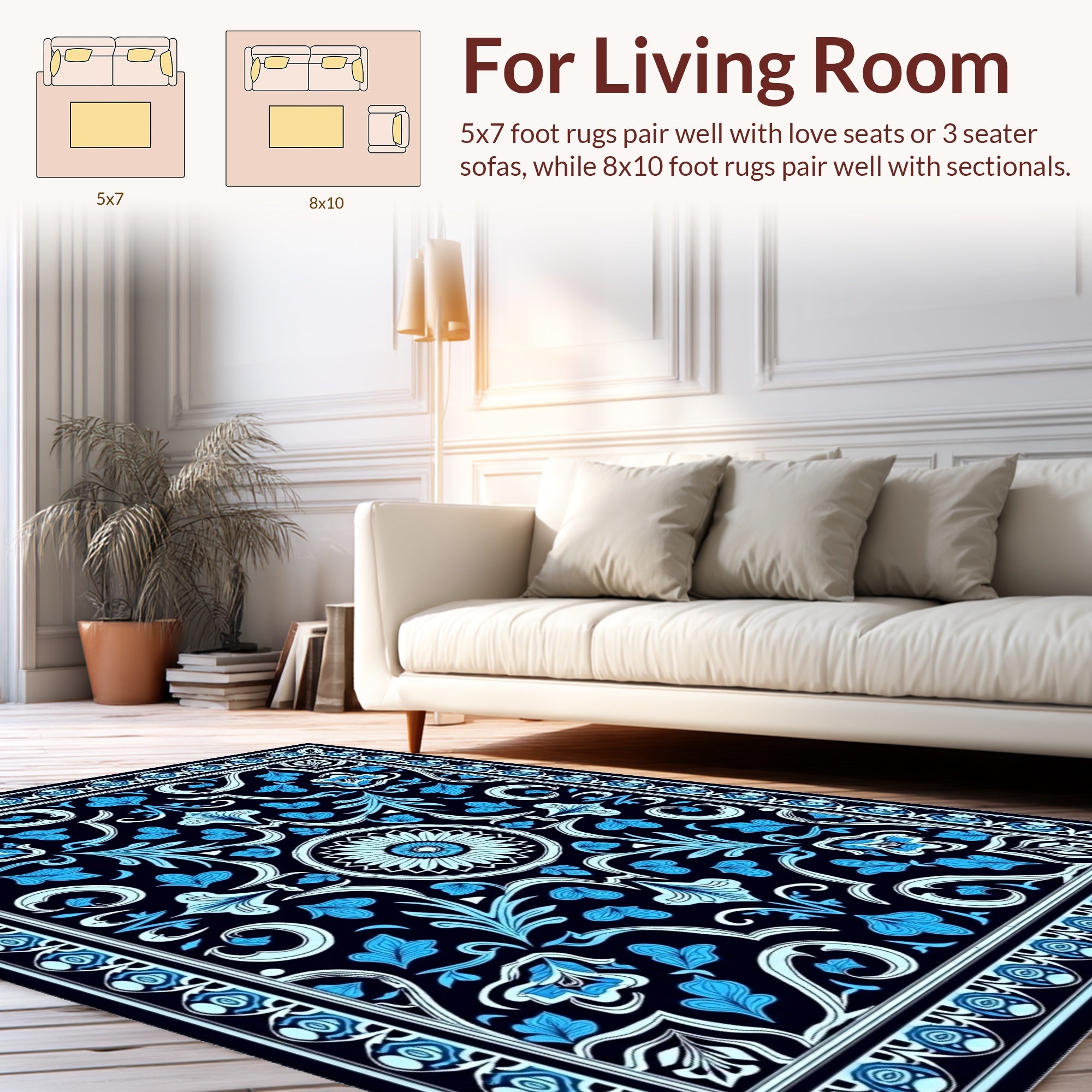 Dark Blue Floral Scroll Pattern Rug