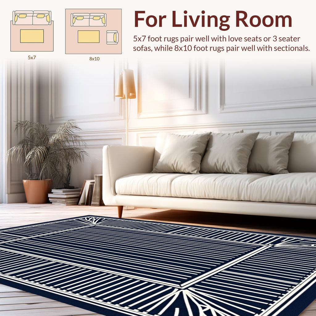 Modern Navy Geometric Stripe Design Rug