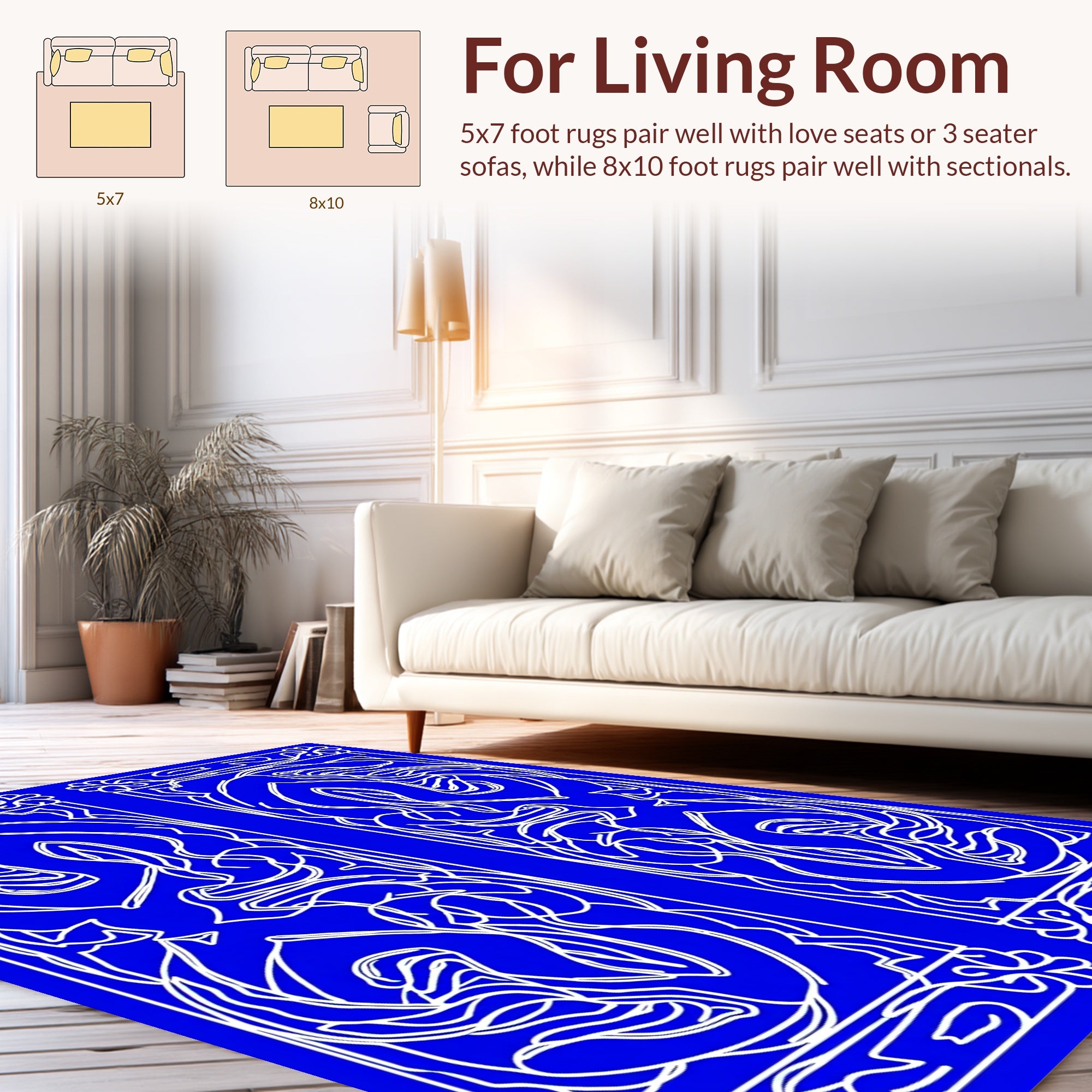 Ornate Blue White Flourish Pattern Rug