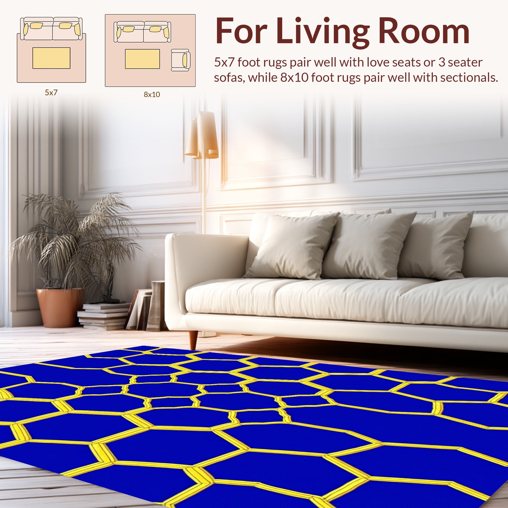 Vivid Blue Yellow Geometric Honeycomb Pattern Rug