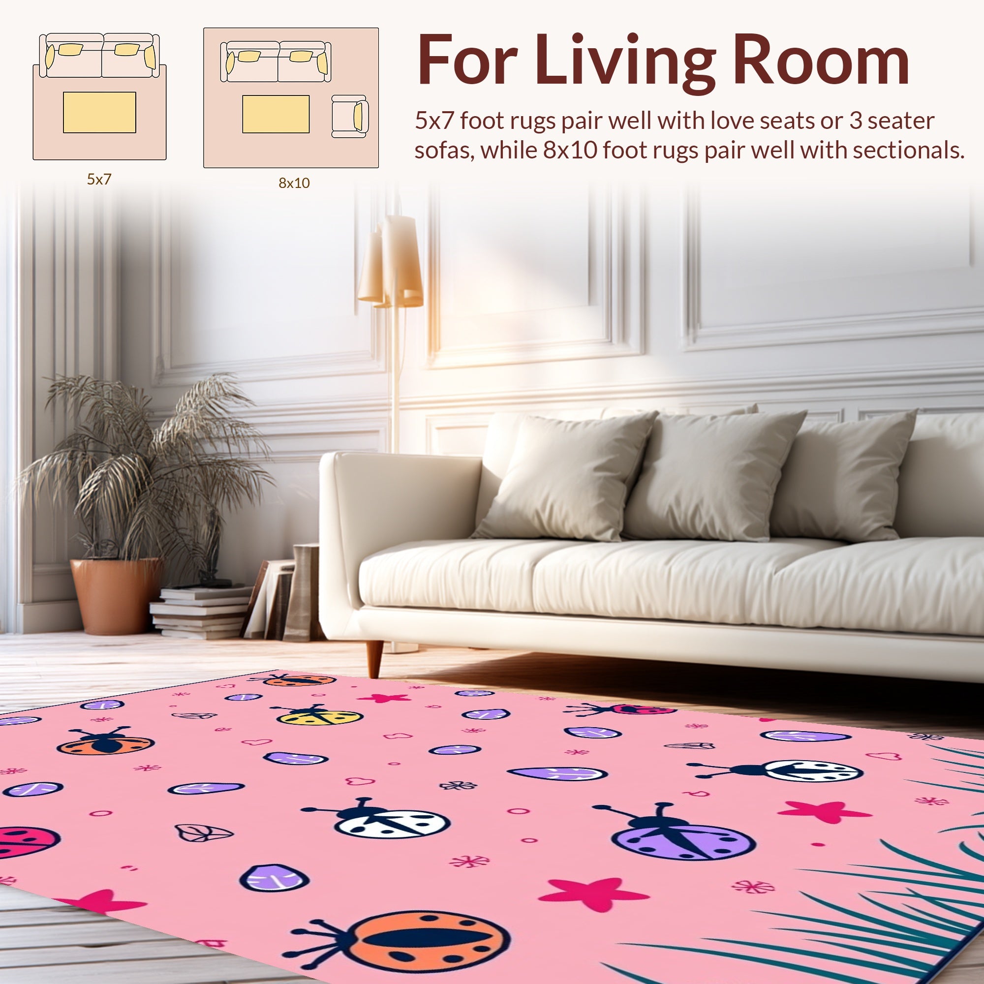 Cute Ladybug Floral Pink Pattern Rug