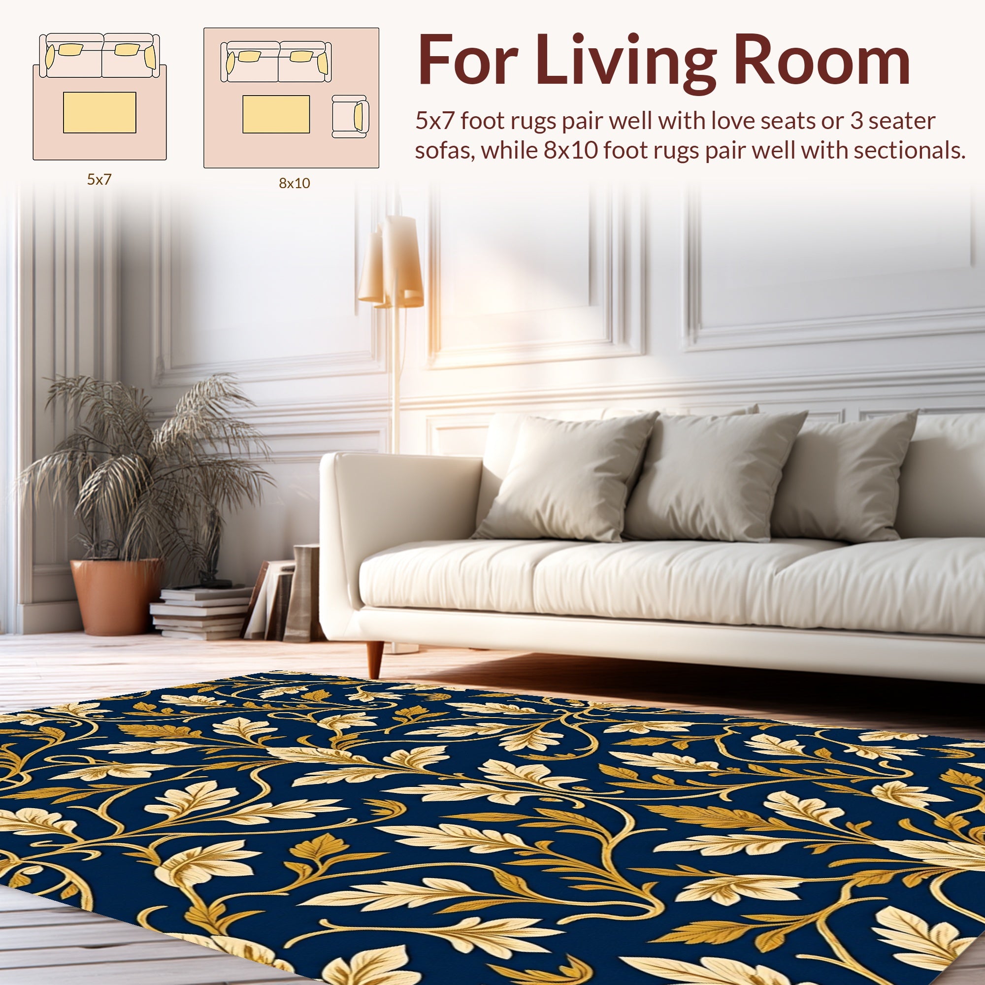 Ornate Gold Leaf Damask Pattern Rug