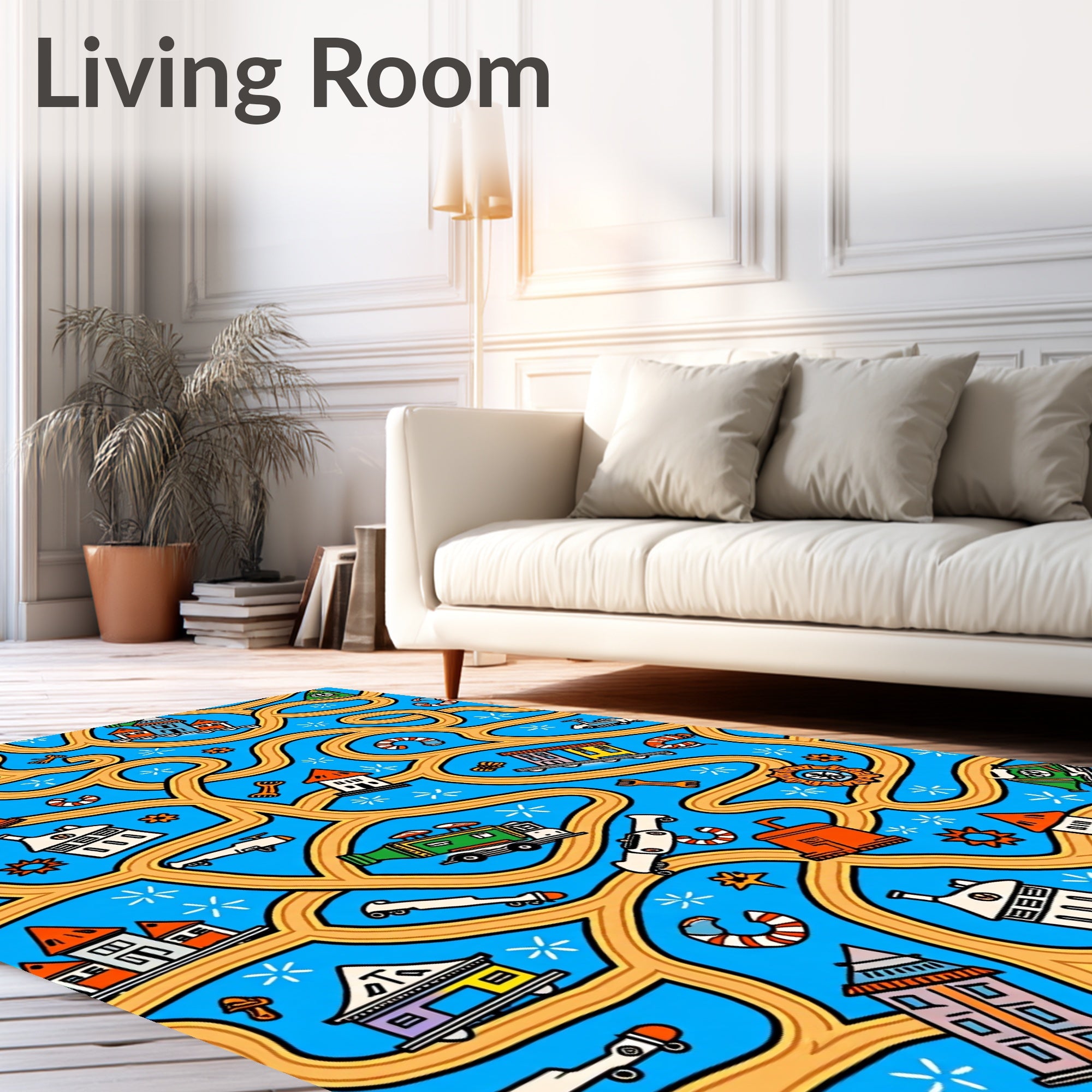 Whimsical Town Train Track Adventure Rug