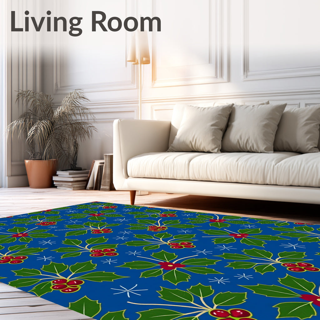 Bold Blue Holly Berry Snowflakes Rug