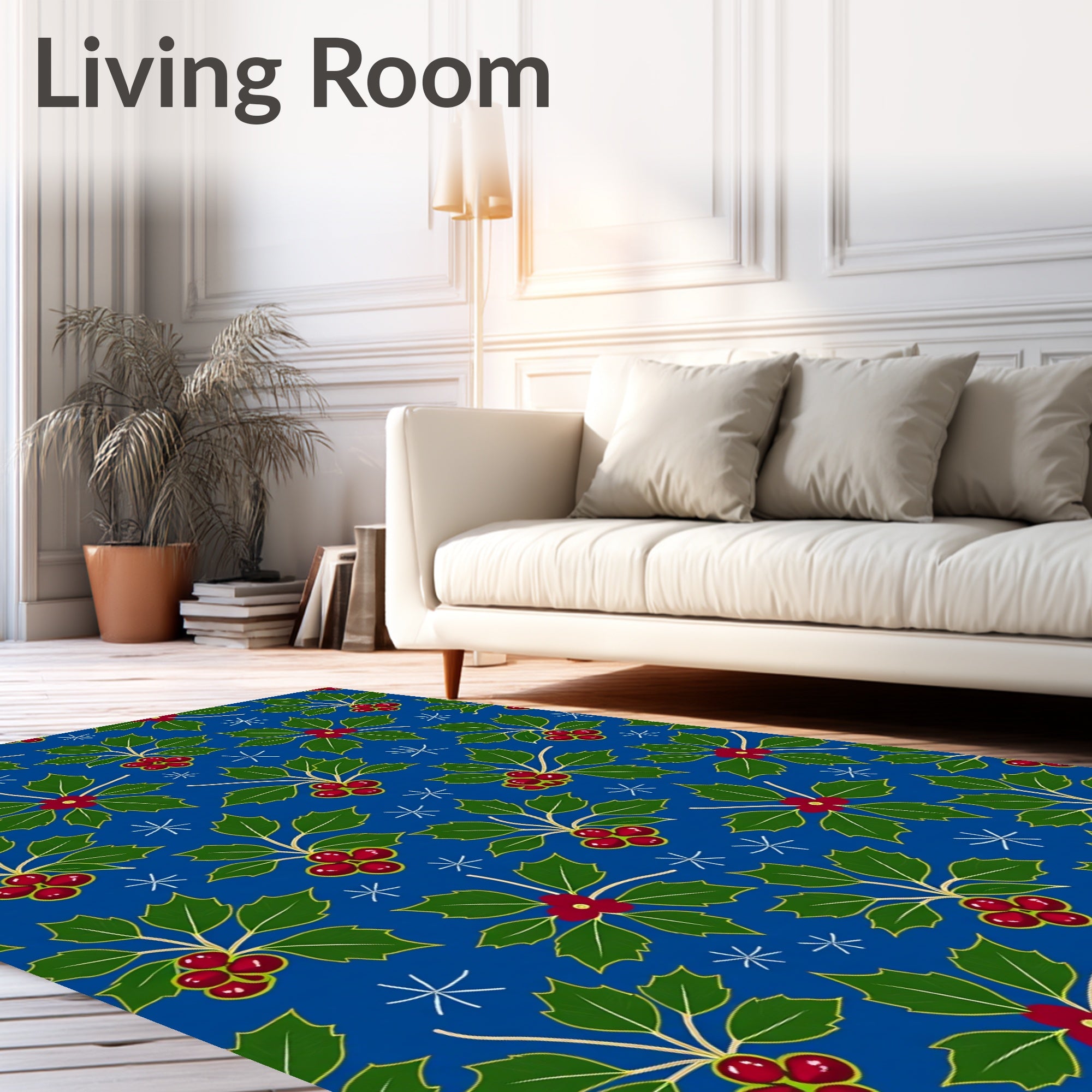 Bold Blue Holly Berry Snowflakes Rug
