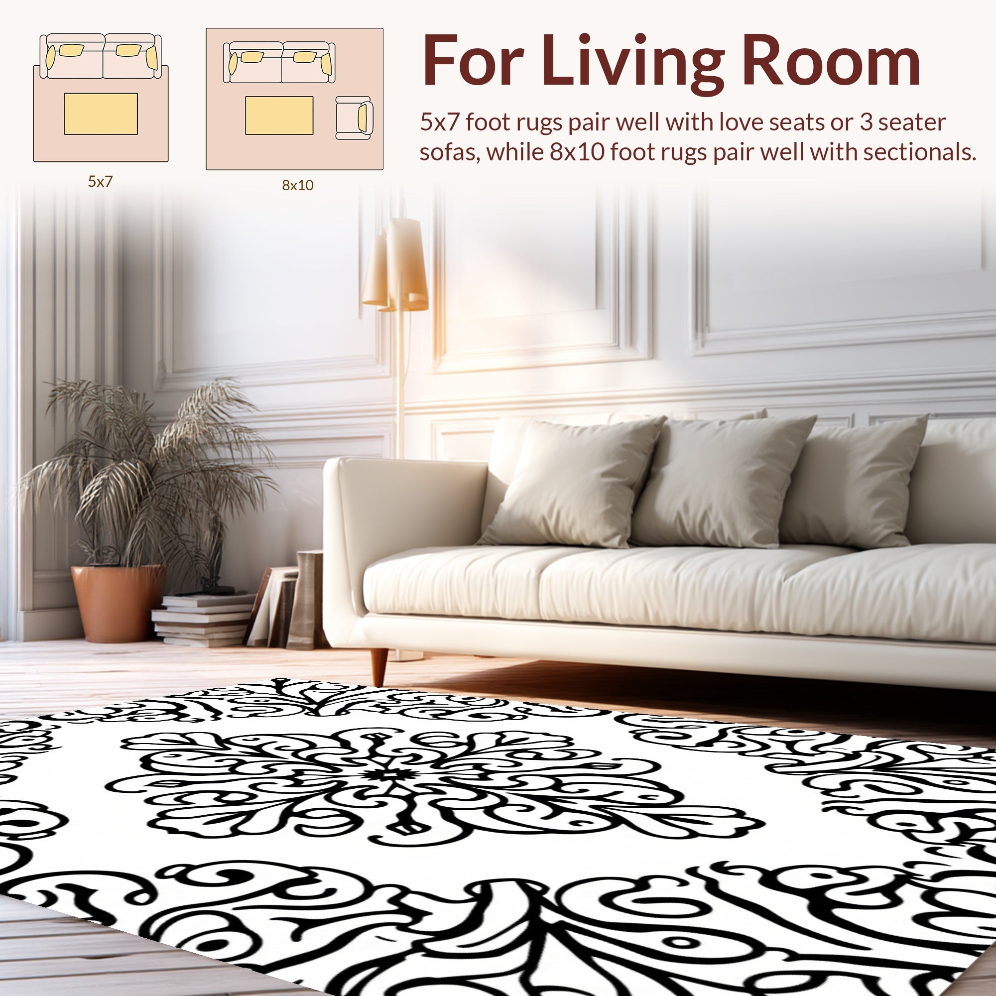 Black And White Floral Damask Design Rug
