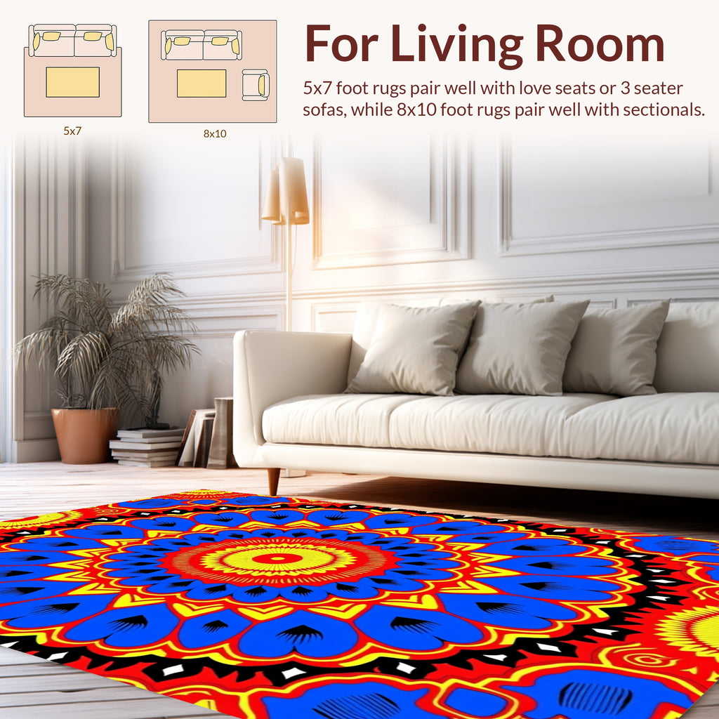Vibrant Blue Yellow Sunburst Mandala Rug