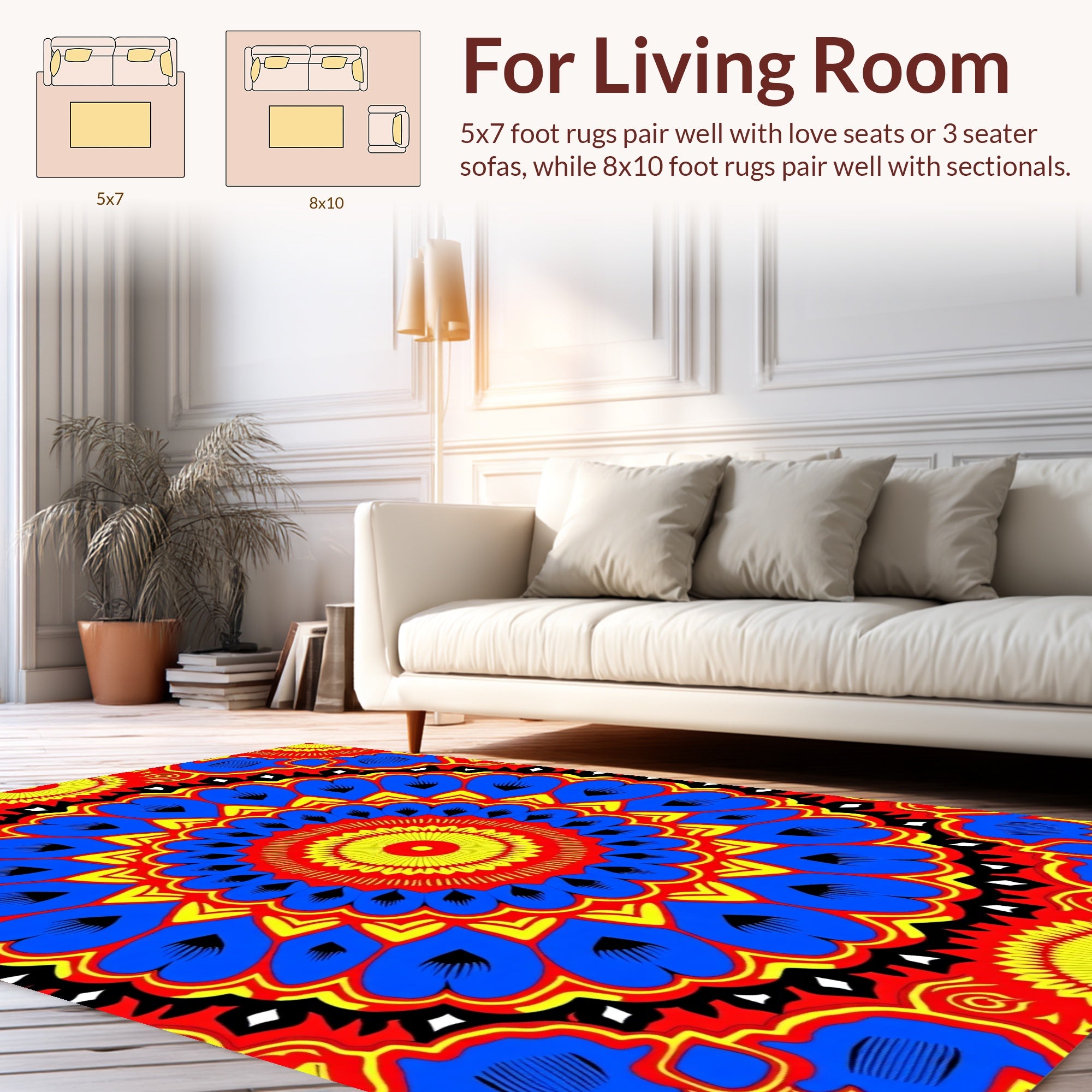 Vibrant Blue Yellow Sunburst Mandala Rug