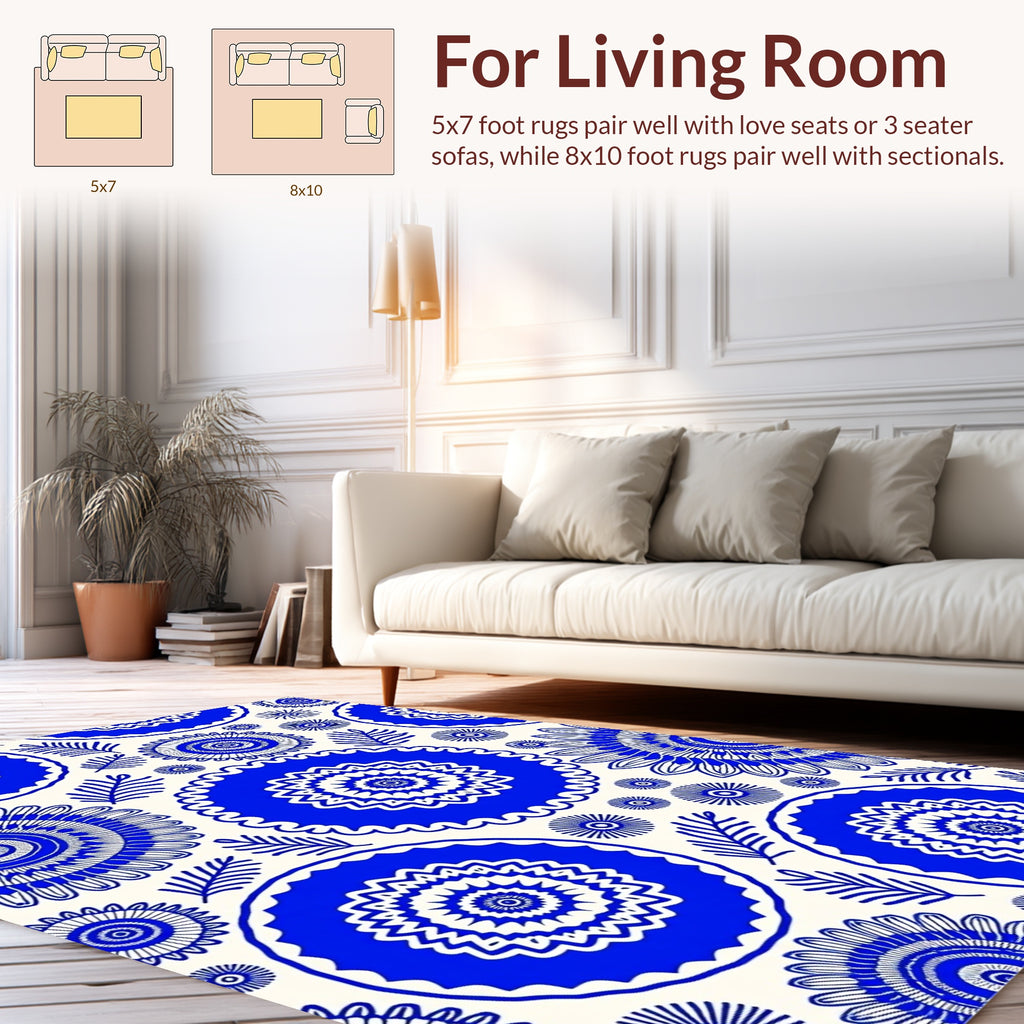Vibrant Blue Sunburst Medallion Pattern Rug