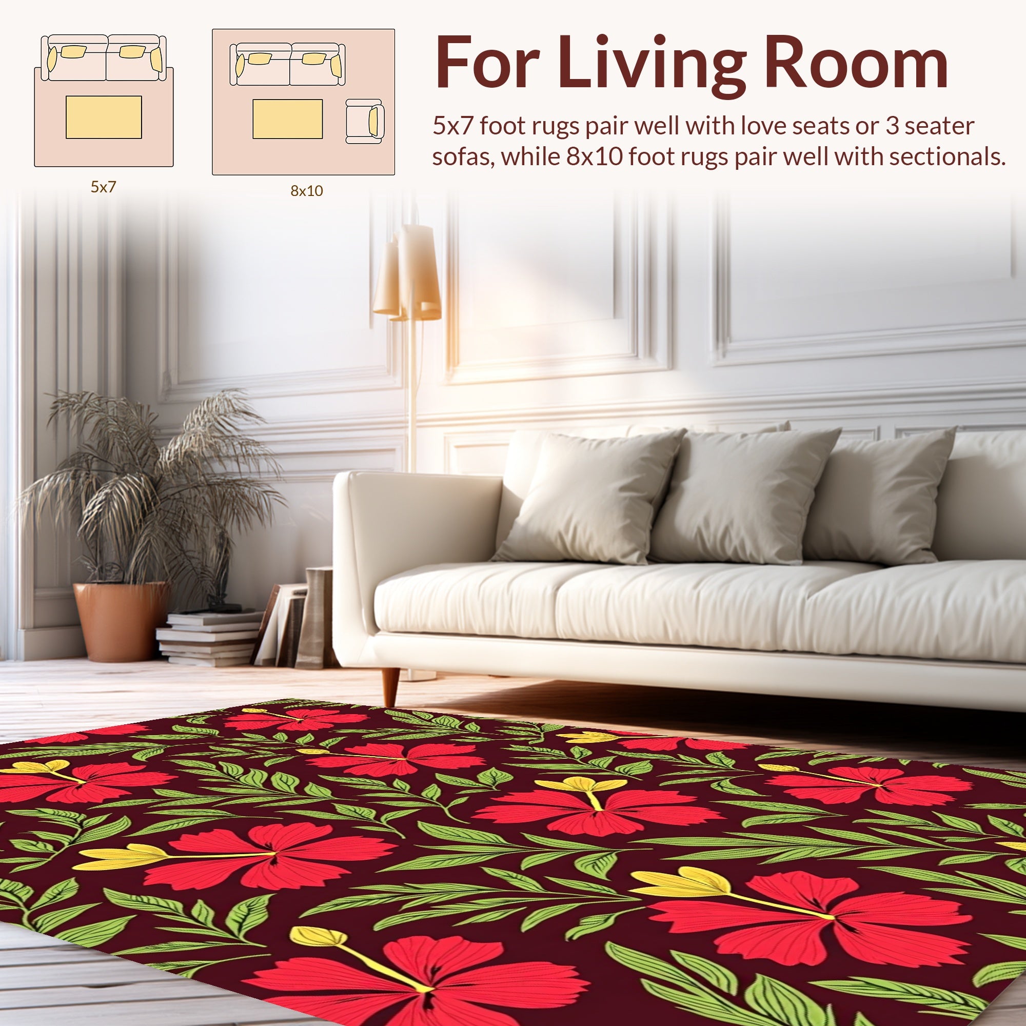 Vibrant Red Floral Botanical Pattern Rug