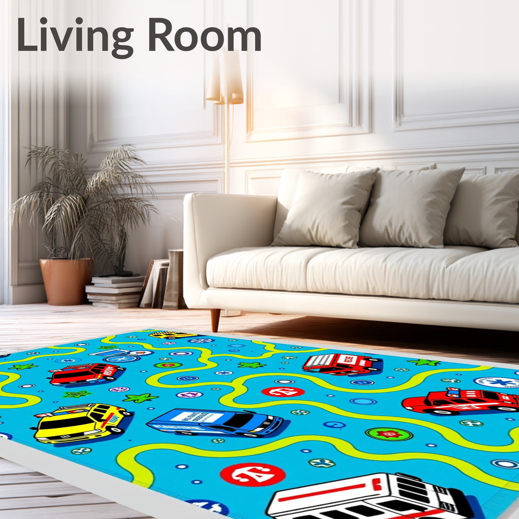Bright Blue Rescue Vehicles Fun Scene Rug